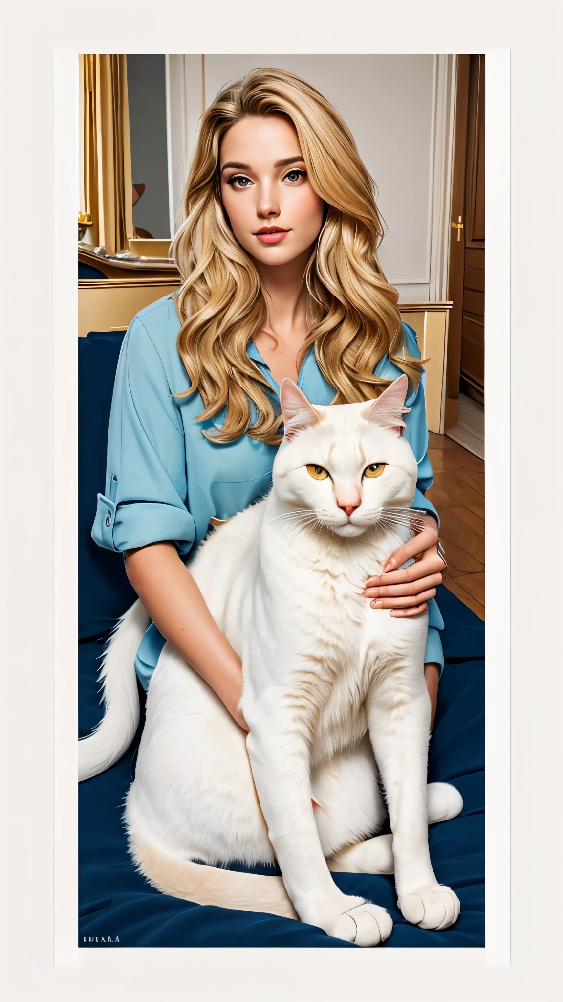 Blond hair, beautiful features, Italian, Swiss, German young woman, full body portrait, line art, high-quality ink drawing, ultra-detailed, realistic shading, vibrant colors, elegant posture, fashionable attire, hanging out in an apartment laying on a bed, hanging out with her cat