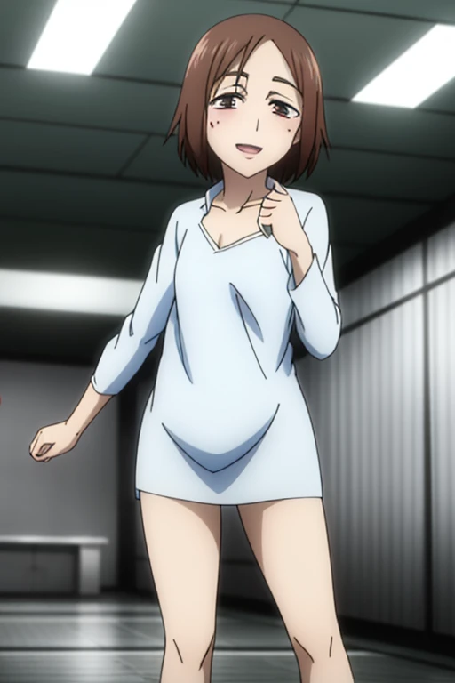 A Female robot is sleeping in bedroom, spread legs, nude, banzai pose. she wears no dress. She Brown short hair is tied with two big red clothespins, She lifts up the under hem of her white plain dress, leaning over, masterpiece, very short pigtails,brown hair, mature, android, blue eyes, full body figure, Height: 160cm, flushed cheeks, 2020s anime picture, A beautiful robot with short brown hair in two short pigtails held up by two very large huge red clothespins, Uplifting, No NSFW, whole body, barefoot, archaic smile, getting orgasm, 25 years old, sweat bucket.