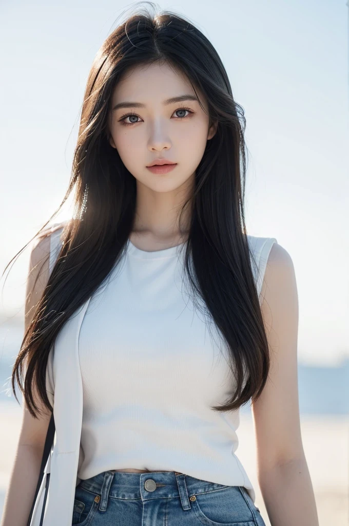 Best quality,tmasterpiece,Ultra HD,(Reality:1.4),RAW photogr,1girl,Long hair,Face Highlight,,Girl,,18 years old,18 years old smiling female classmate,,Innocent,(Best picture quality,8K,masterpiece:1.3),Oval face,big eyes,Long eyelashes,Exquisite(Realistic style),Star Eyes,Ultimate face shape,Realistic lighting and shadows,Clear facial features,Milky skin,White skin,Highly detailed skin,Realistic skin details,Visible pores,(Ultra Detail),(Perfect body:1.1),Long hairWhite hair,(Dynamic poses),((Dynamic Background((Volumetric Light:1.3)),Solid color background,White coat,White vest,jeans,Eyes look at the lens,Black eyes,