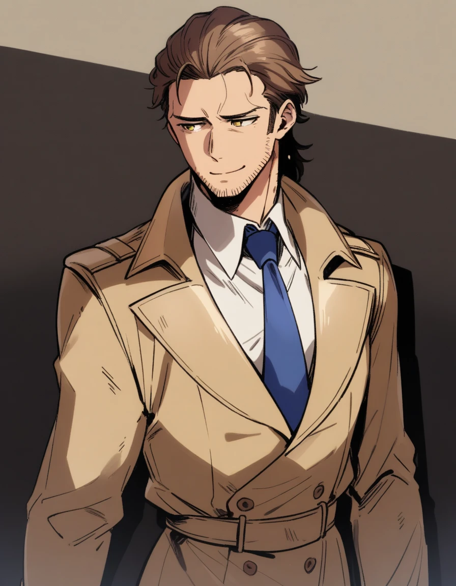 1man, detailed shabby mature, tired detective, wavy slicked back, yellow-brown hair, stray hair flaps, heavy weight, sanpaku, dark-yellow eyes, short stubble, ordinary face, rough skin, oval-shaped head, dandy, solo, white collared_shirt, blue necktie, beige trench_coat, dark worn-out suit, smile, standing, light shade, in retro eroge style, 1970s, VHS quality, masterpiece, best quality