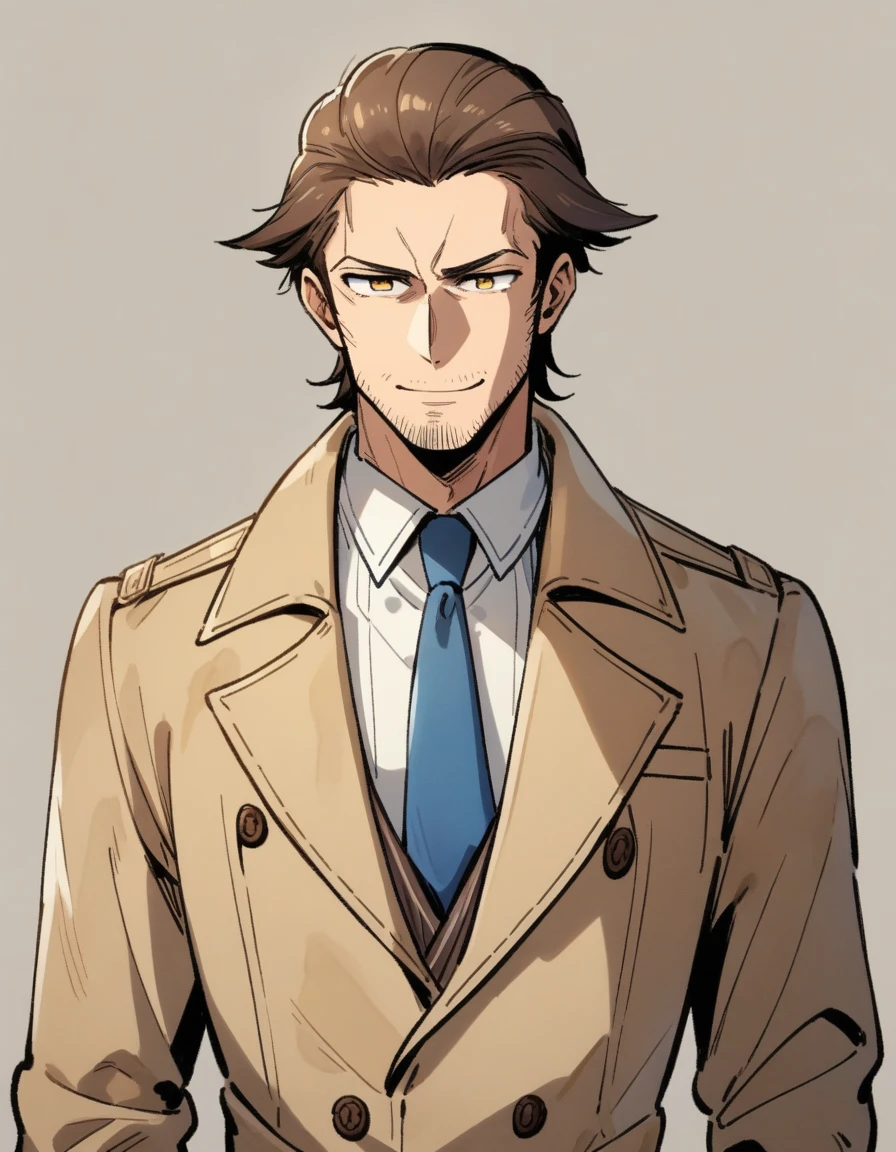 1man, detailed shabby mature, tired detective, wavy slicked back, yellow-brown hair, stray hair flaps, heavy weight, sanpaku, dark-yellow eyes, short stubble, ordinary face, rough skin, oval-shaped head, dandy, solo, white collared_shirt, blue necktie, beige trench_coat, dark worn-out suit, smile, standing, light shade, in retro eroge style, 1970s, VHS quality, masterpiece, best quality