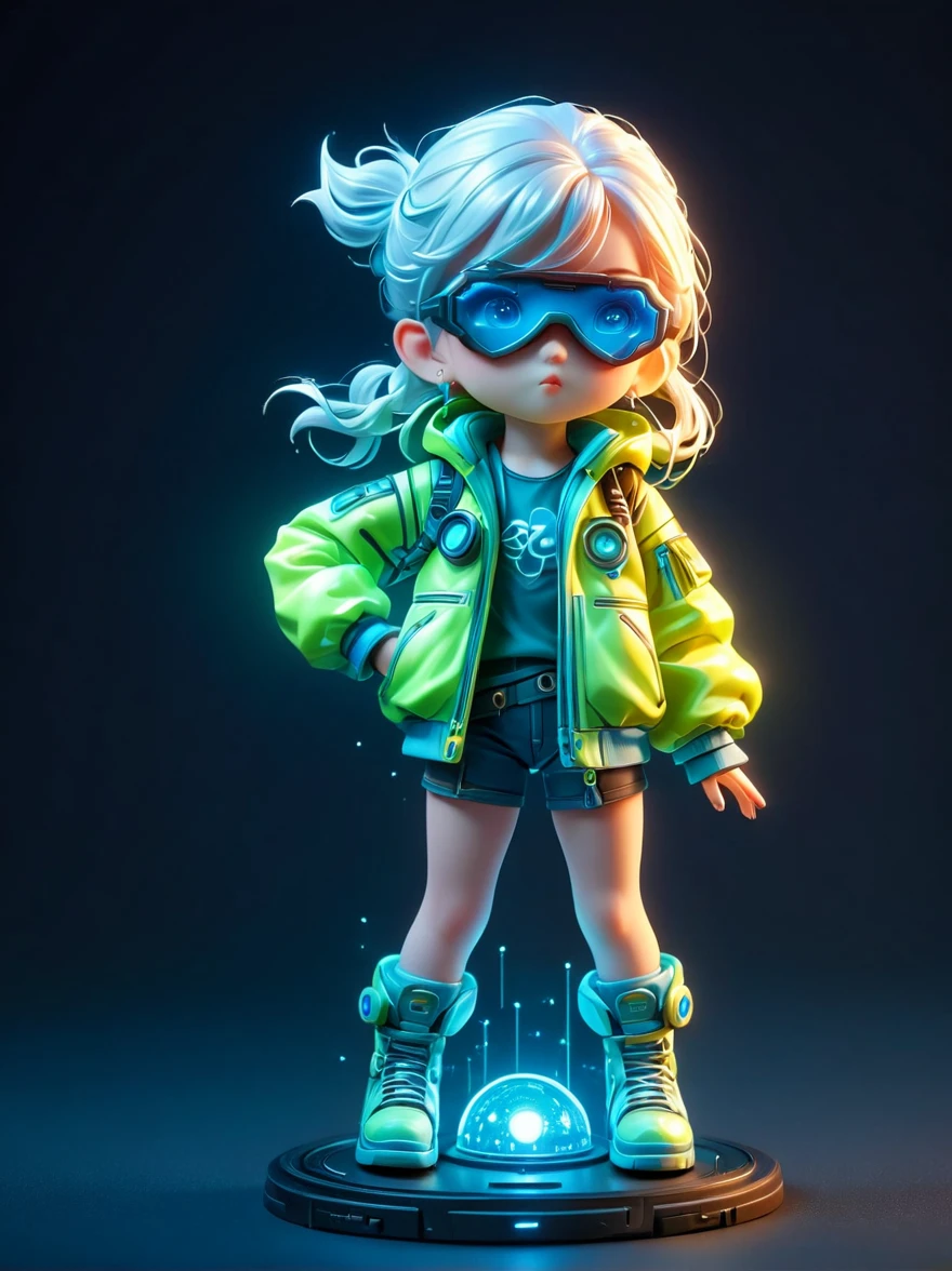 blind box,plastic toy,3D tous,IP model,A cute little girl of the world, white hair, tech goggles, a holo-glowing translucent jacket, Time travel device,a lot of decoration, precision mechanical parts, glossy materials, futuristic, cyberpunk,Pixar,resin material,full body,full Shot,Simple background,display lighting,volumetric lighting,3d,c4d,oc render,volume rendering,extremely detailed details,HDR,8K Resoulution