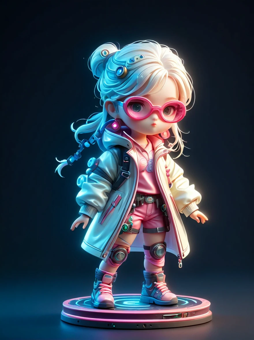 blind box,plastic toy,3D tous,IP model,A cute of the world, white hair, tech goggles, a holo-glowing translucent jacket, Time travel device,a lot of decoration, precision mechanical parts, glossy materials, futuristic, cyberpunk,Pixar,resin material,full body,full Shot,Simple background,display lighting,volumetric lighting,3d,c4d,oc render,volume rendering,extremely detailed details,HDR,8K Resoulution