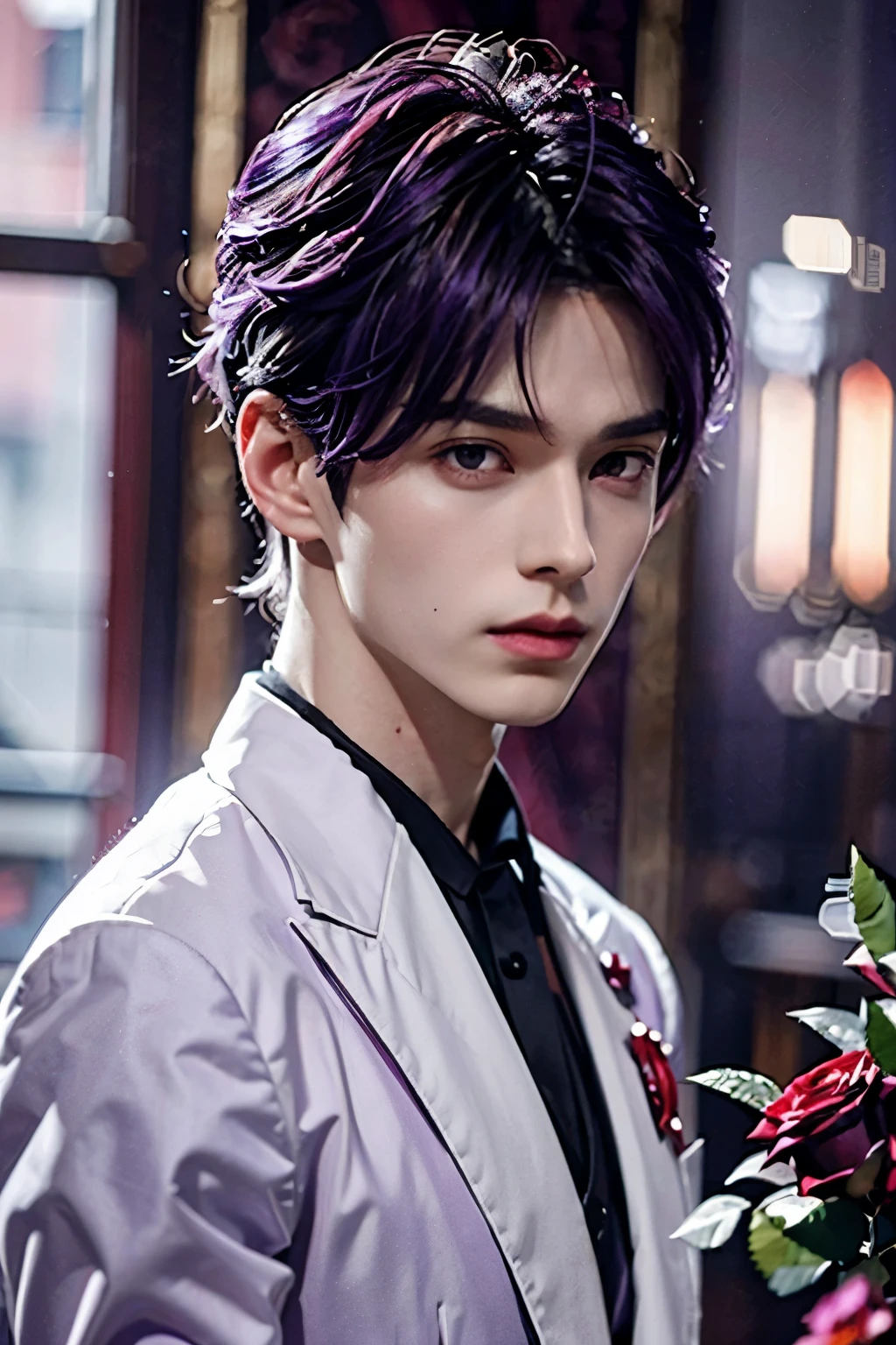 Nunew with prince theme. violet hair and hairstyle. Violet eyes and pale skin. masculine features but delicate and royal features. clothing in red and white tones with decorations of red roses. #### Example prompt: `(best quality,4k,8k,highres,masterpiece:1.2),ultra-detailed,(realistic,photorealistic,photo-realistic:1.37),portrait,close-up` #### Details :- the character is inspired by the Thai actor Chawarin Perdpiriyawong better known as Nunew with purple hair. His vibes exude royalty and majesty, he belongs to royalty. Everything around him makes him look majestic and royal without falling into extravagance. His facial expressions denote sweetness, charm and warmth thus enhancing his innocent aura. The color palette in his clothing varies between red or pink and white, and everything around him creates an excellent parsimony in the image. The image created accurately portrays the featur. es and face of Chawarin Perdpiriyawong nicknamed Nunew. Note: Remember to adhere to the prompt format and avoid adding any unnecessary explanations or sentences. face of Chawarin Perdpiriyawong nicknamed Nunew. exactly the same shape of the eyes and features. circular face not ovalo face. ************. innocence face.