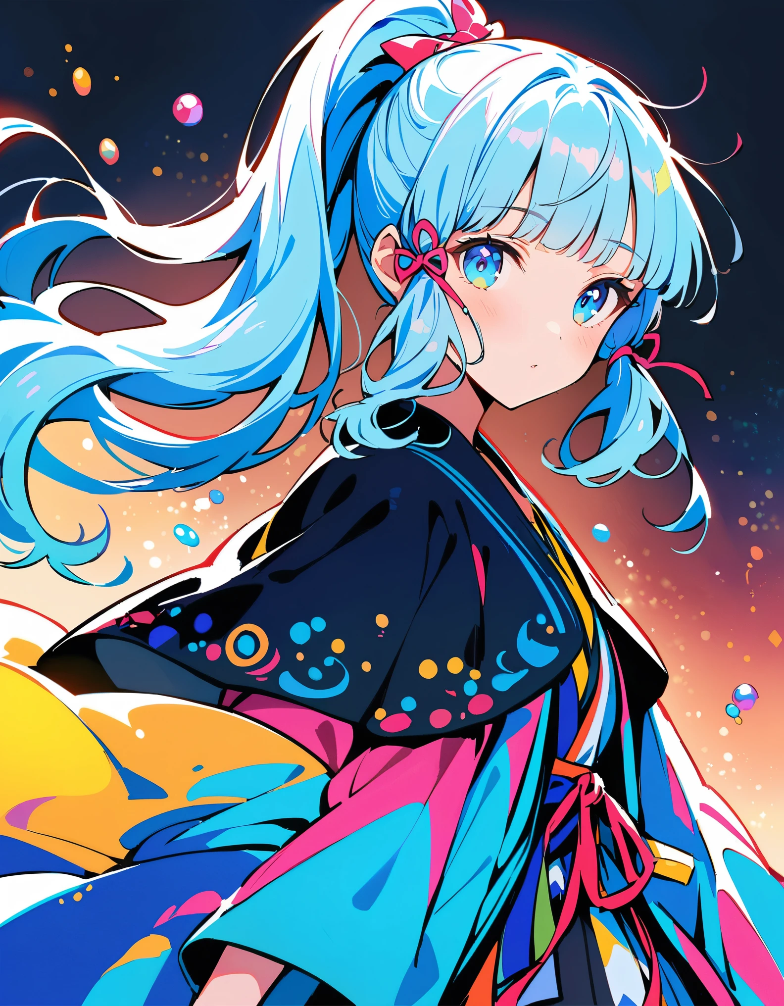 (masterpiece), (best quality), (Super detailed),(Messy hair),(illustration), (1 Girl), (Fashion Clothing), permanent, fashion model, Looking at the audience, (interview), (Simple background),Beautiful and delicate eyes, Delicate and beautiful face, floating,(High Saturation),(Colorful splash),Colorful bubbles,(shining), focus on face, Ponytail, Kamisato Ayaka, light blue hair, Bangs, Hair ring, floating花朵, Floating hair, (shining), Optimal lighting, The best shadow,