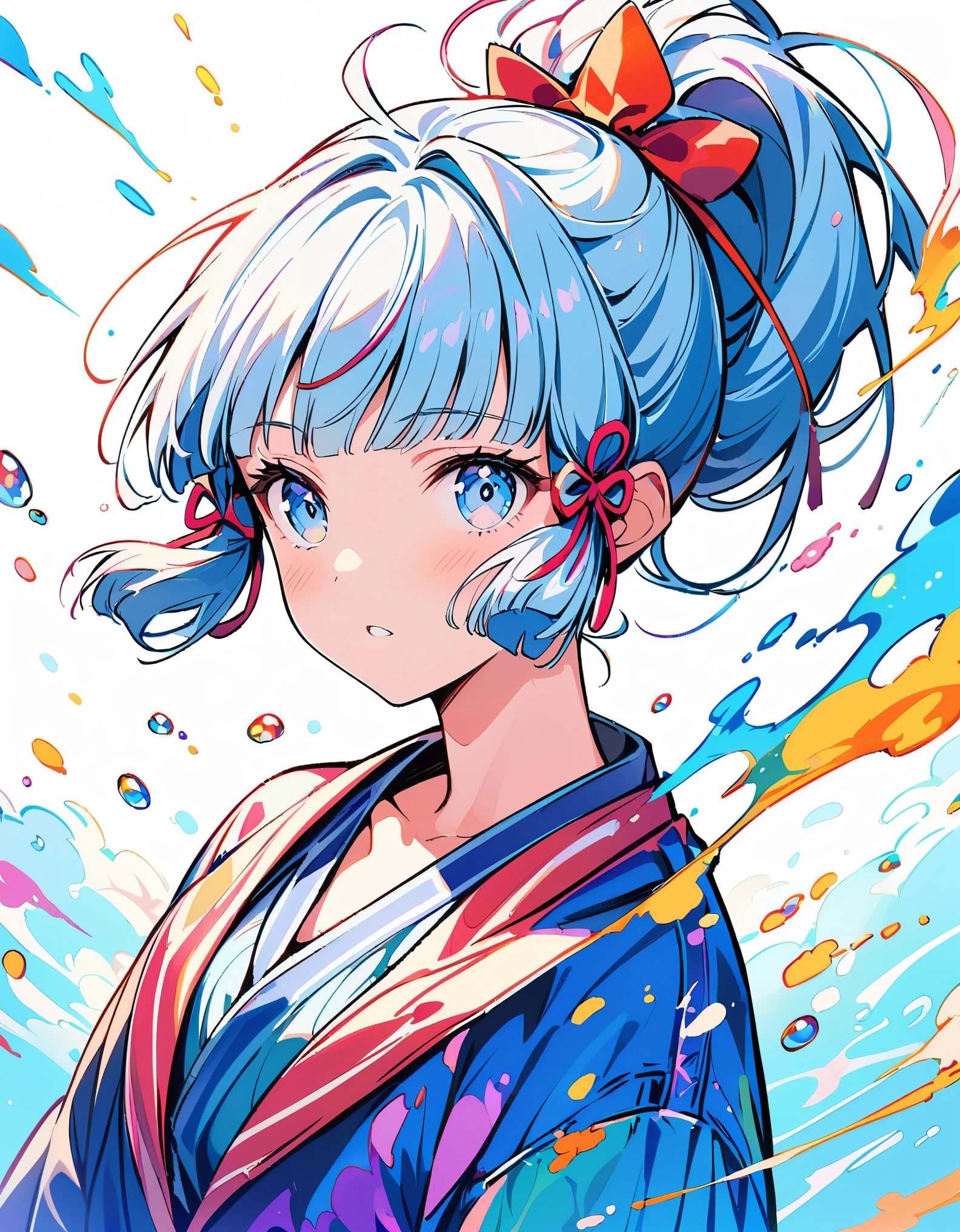 (masterpiece), (best quality), (Super detailed),(Messy hair),(illustration), (1 Girl), (Fashion Clothing), permanent, fashion model, Looking at the audience, (interview), (Simple background),Beautiful and delicate eyes, Delicate and beautiful face, floating,(High Saturation),(Colorful splash),Colorful bubbles,(shining), focus on face,  Ponytail, Kamisato Ayaka, light blue hair, Bangs, Hair ring, floating花朵, Floating hair, (shining), Optimal lighting, The best shadow,