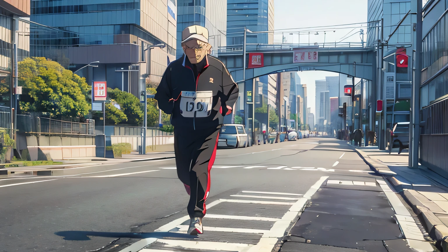 Elderly man and 20-year-old male marathon runner、The background is a road in Shinjuku