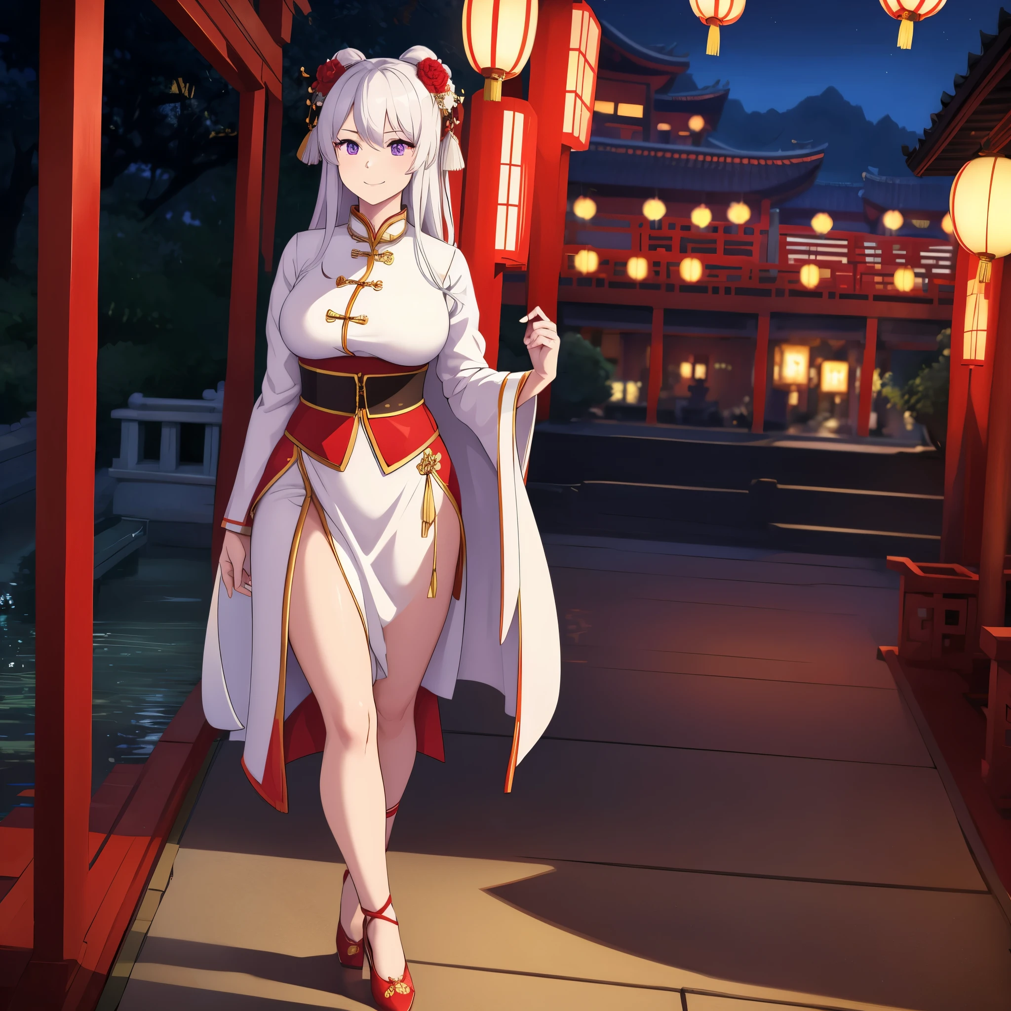 A woman wearing white traditional female Chinese costume with gold details, red heels, long silver hair, purple eyes, red flower in her hair, golden bow in her hair, wearing a black fur cape, walking in a traditional Chinese garden, smiling, big breasts, Chinese houses in the background, place at night, lighting with traditional Chinese lamps, full body, surrealism, drop shadow, anaglyph, stereogram, tachi-e, pov, atmospheric perspective, surrealism, flower, 8k, superdetail, accurate, best quality, UHD, anatomically correct, textured skin, high quality. (solo woman)
