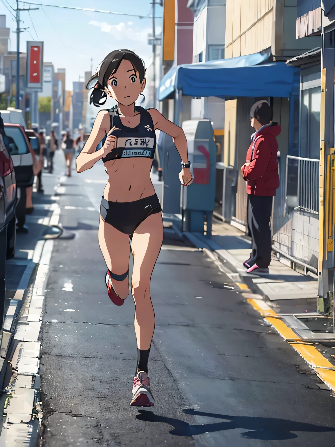 20-year-old marathon runner running at full speed、from the front、Draw the whole body, including the feet