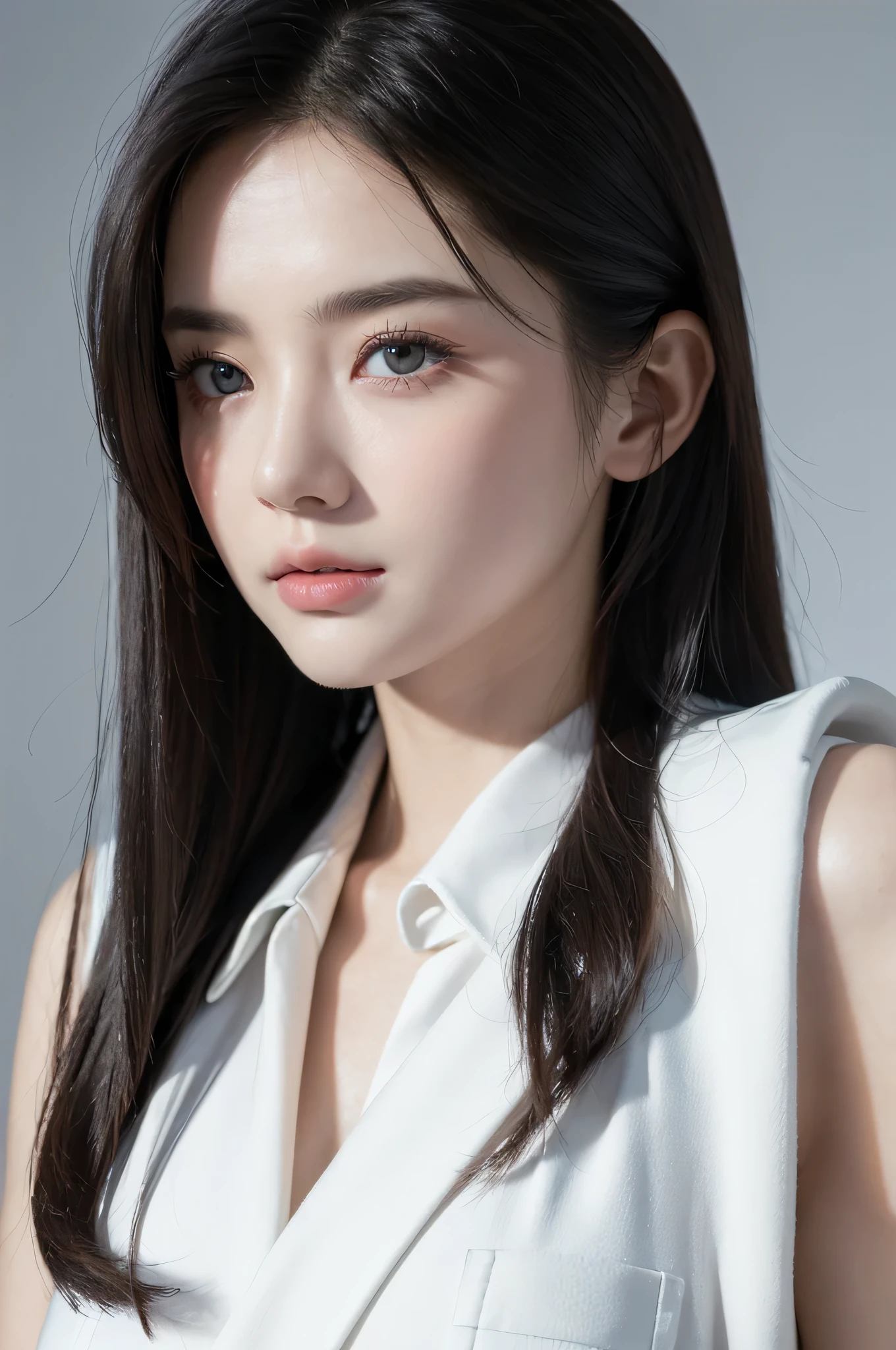 Best quality,tmasterpiece,Ultra HD,(Reality:1.4),RAW photogr,1girl,Long hair,Face Highlight,,Girl,,18 years old,18 years old smiling female classmate,,Innocent,(Best picture quality,8K,masterpiece:1.3),Oval face,big eyes,Long eyelashes,Exquisite(Realistic style),Star Eyes,Ultimate face shape,Realistic lighting and shadows,Clear facial features,Milky skin,White skin,Highly detailed skin,Realistic skin details,Visible pores,(Ultra Detail),(Perfect body:1.1),Long hairWhite hair,(Dynamic poses),((Dynamic Background((Volumetric Light:1.3)),Solid color background,White coat,White vest,jeans,Eyes look at the lens,Black eyes,