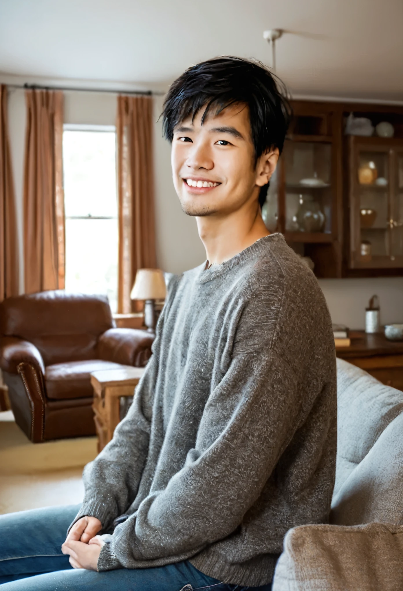 (( The man&#39;s hair is neatly combed with hair oil))((Frontal half-length photo of a smiling young Japanese man with thin cheeks and pointed chin))((The background is the living room of the living room.The details of the items in the living room are very clear.)).he.Look in the direction of the camera and maintain eye contact.