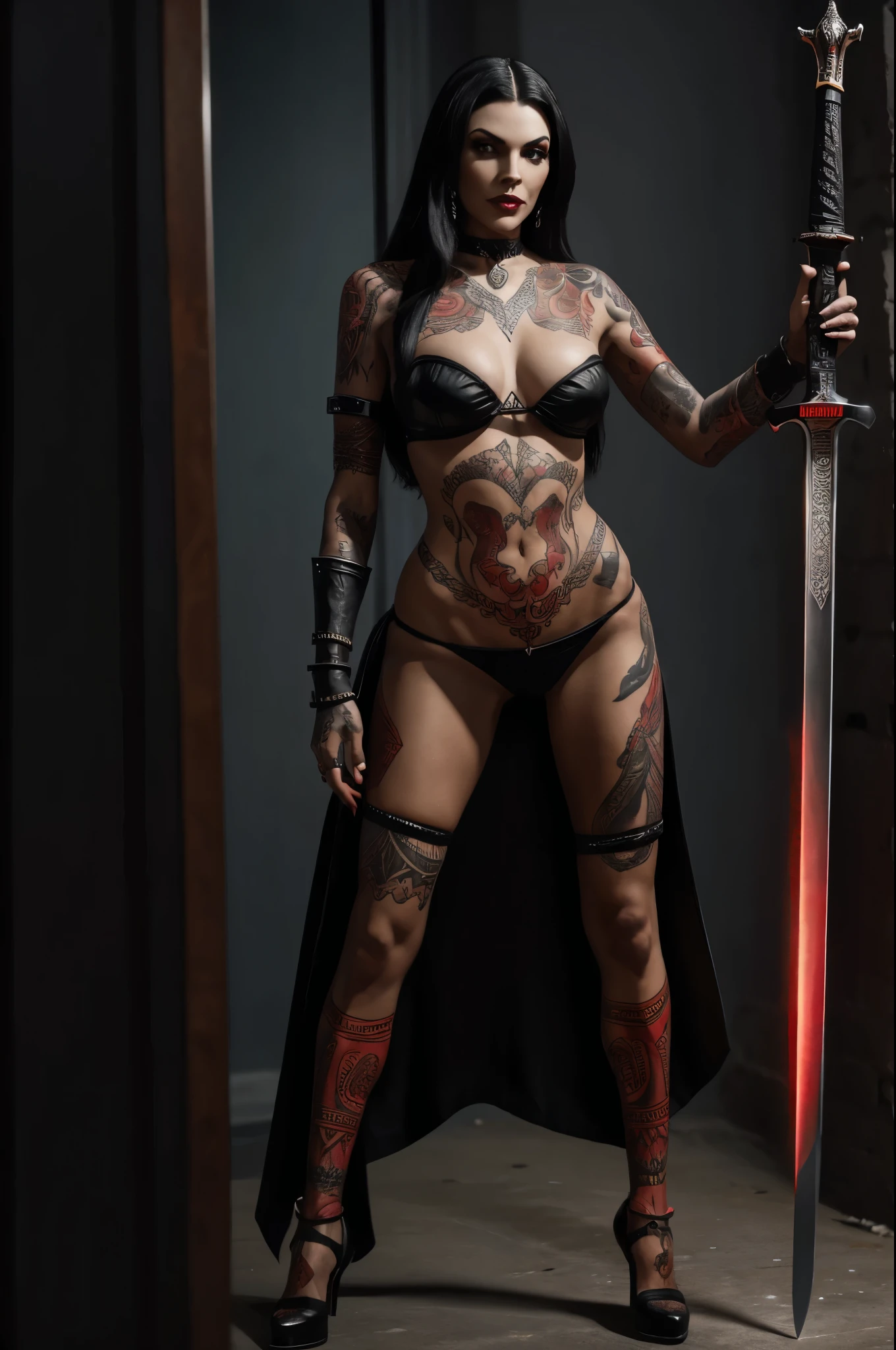 mulher vampira de 25 anos, full armadura negra feminina {epicarmor2024}, full body tattoo {tribal red}, STANDING, A giant sword in his hand