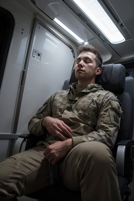 Artwork of male soldier sleeping in a spaceship