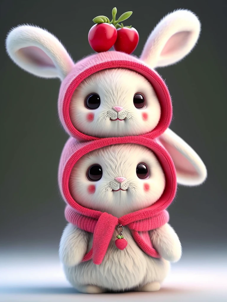 &References;(A work of art ) Practical, furry bunny (wearing clothes), Apple in hand,Dark circles and redness on the face. cherry, strawberry, Tomatoes and watermelons scattered all over the body. The bunny is wearing a fancy hat,is a non-human character.&References;