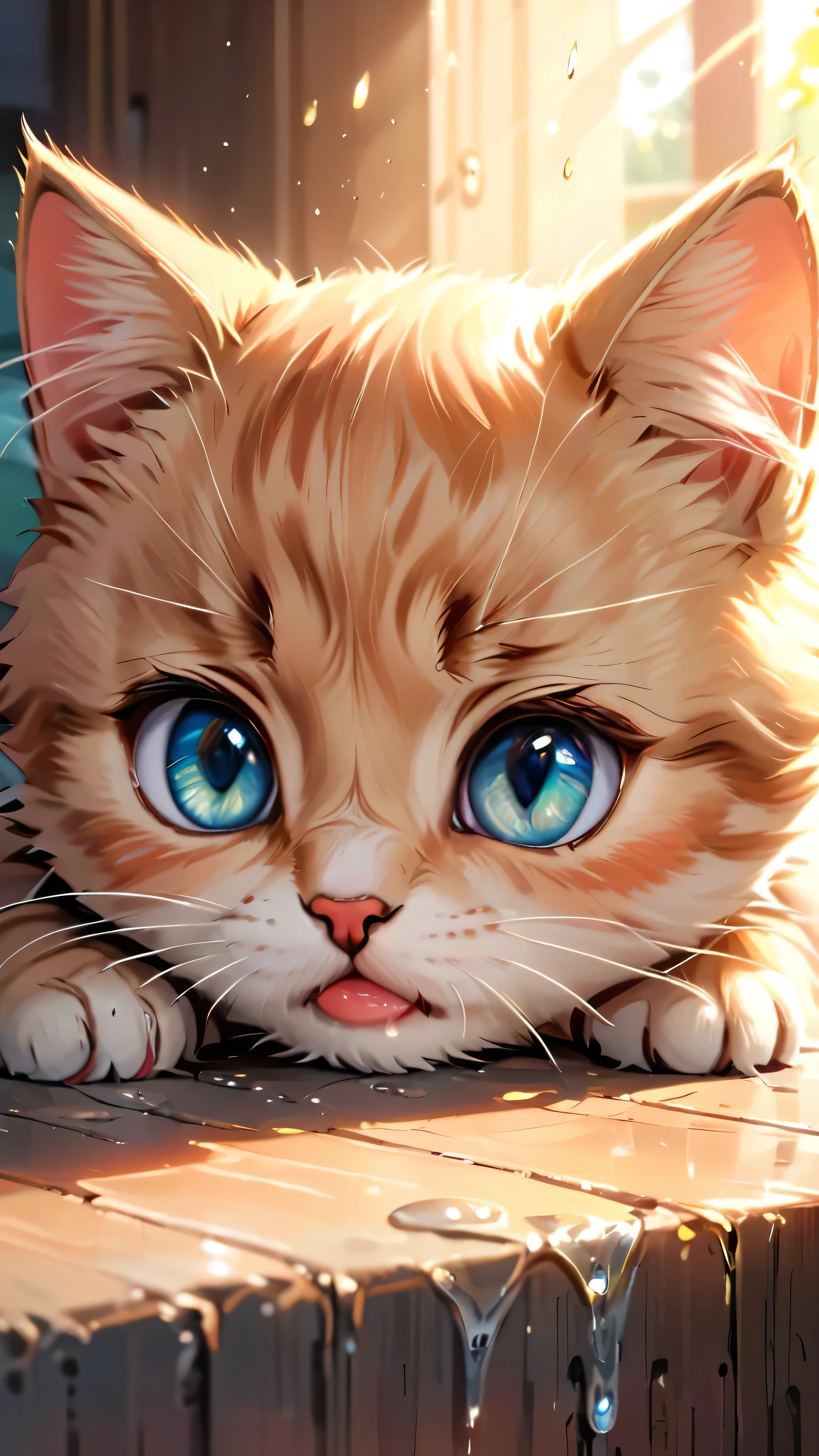 gatito muy triste, lindo, Ojos llorosos, llanto, (Obra maestra), mejor calidad, high resolution, 4k, 8k, amazing quality, amazing shading, Soft lighting, detalle intrincado, extremadamente detallado, colores pasteles,