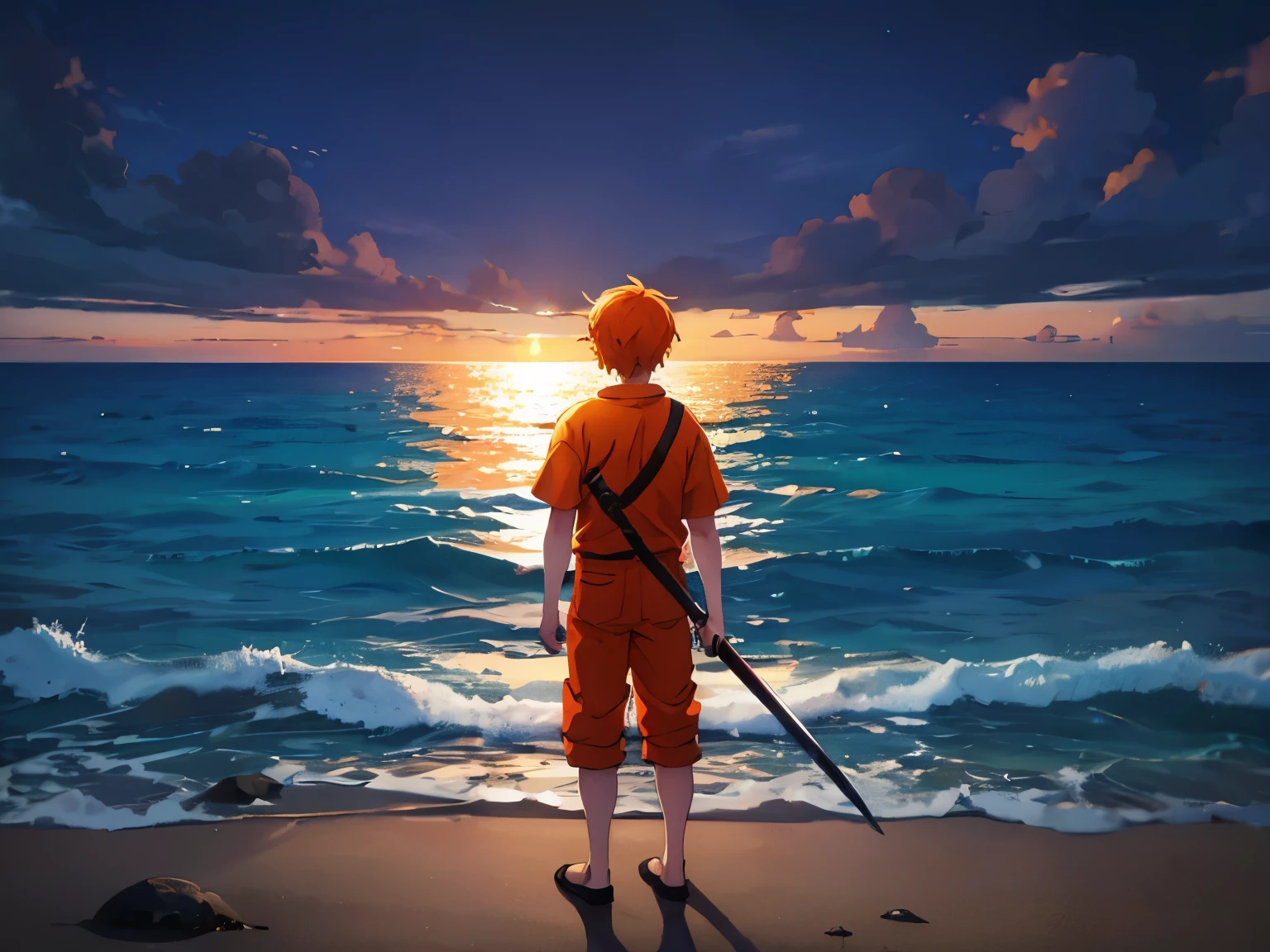 Boy with holding a sword with orange shirt. Back view standing on the ocean