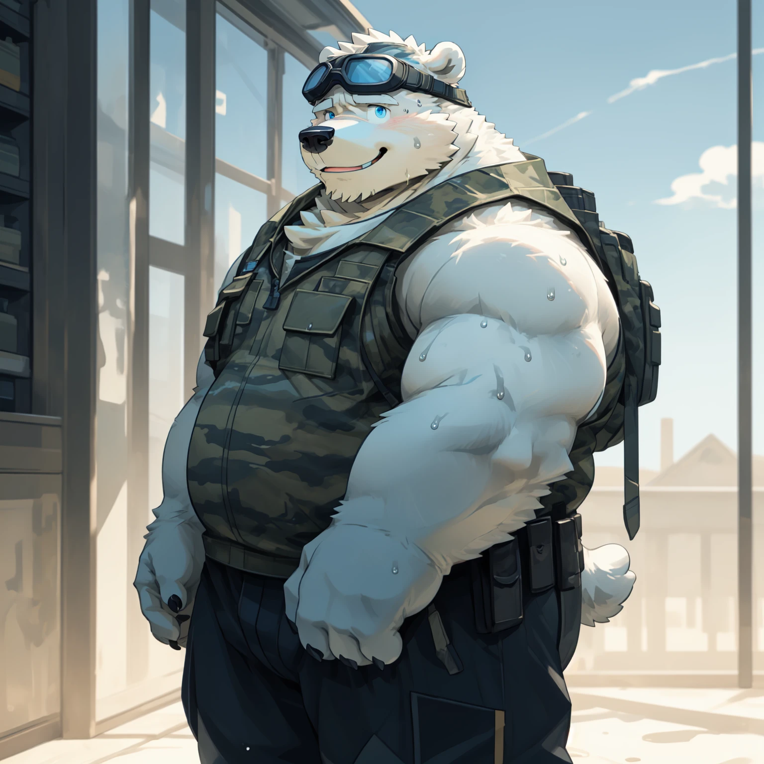New Jersey 5 Hairy,polar bear,Full body portrait of an individual,exquisite, chubby,Fat,thick arms,Rugged muscles,Naked from the waist down,White plush fur,chubby脸,brown eyebrows,sky blue eyes,beard,Soaked shorts,sweating,front,canteen,sitting,Smile