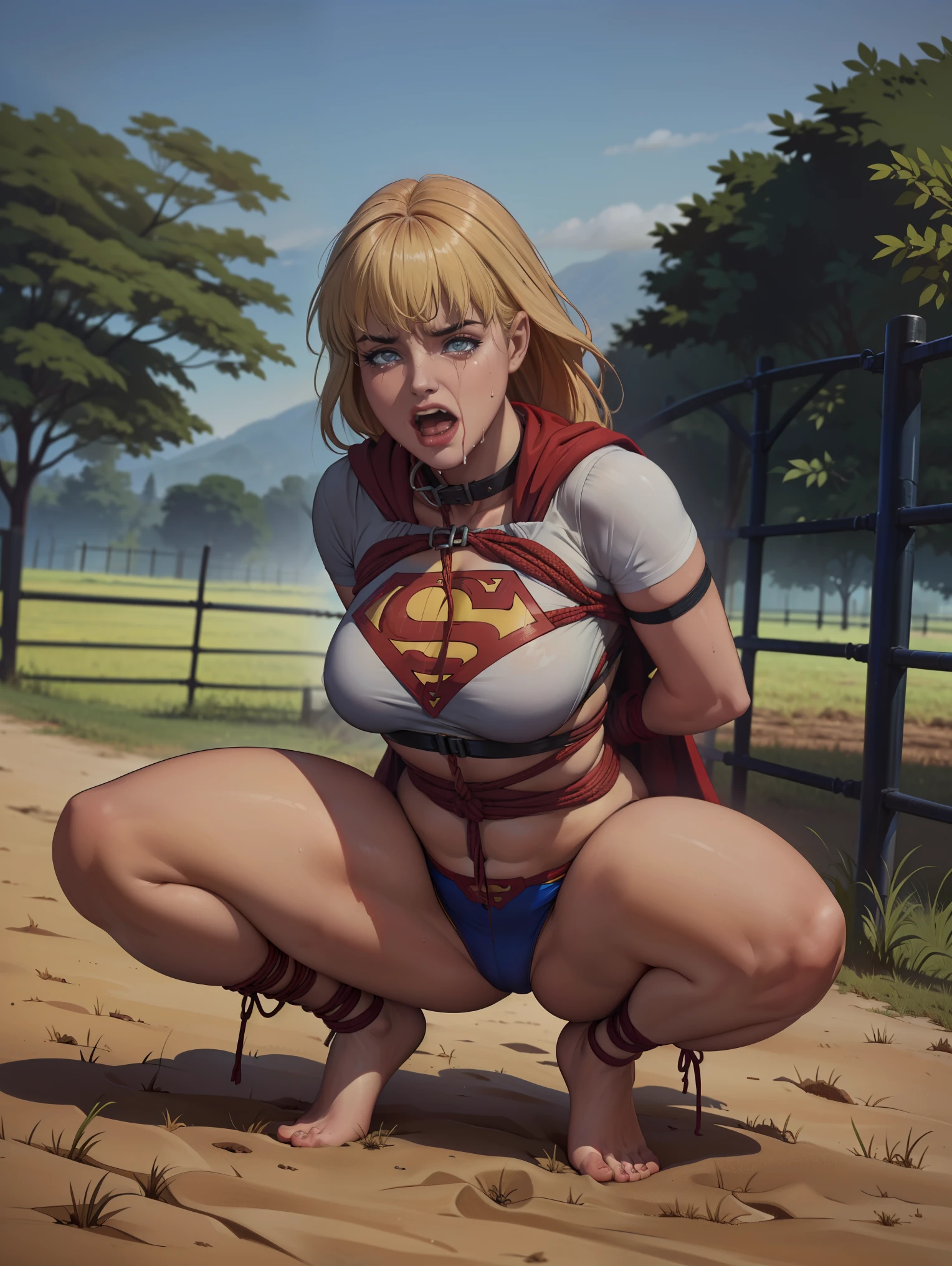 (((SUPERHEROINE SUPERGIRL esta vestindo lingerie rendada, calcinha rendada, She is barefoot))), (((She is handcuffed in the farm pen, arrested))), ((Ela foi estuprada)), (SUPERGIRL is squatting, pernas abertas, pra cima), (Ela is crying a lot, ela tem cabelo LOIRO, ela tem cabelo longo)), ((She wears a thick dog collar around her neck.)), (obra-prima, melhor qualidade) 1.5, 1 garota, sozinho, (sensual, mulher bonita, rosto perfeito, olhos perfeitos), corpo inteiro, tears running down your face)), ((SUPERGIRL em cativeiro, arms tied behind the back, Shibari, Hands tied behind the back,painful restraint by ropes)