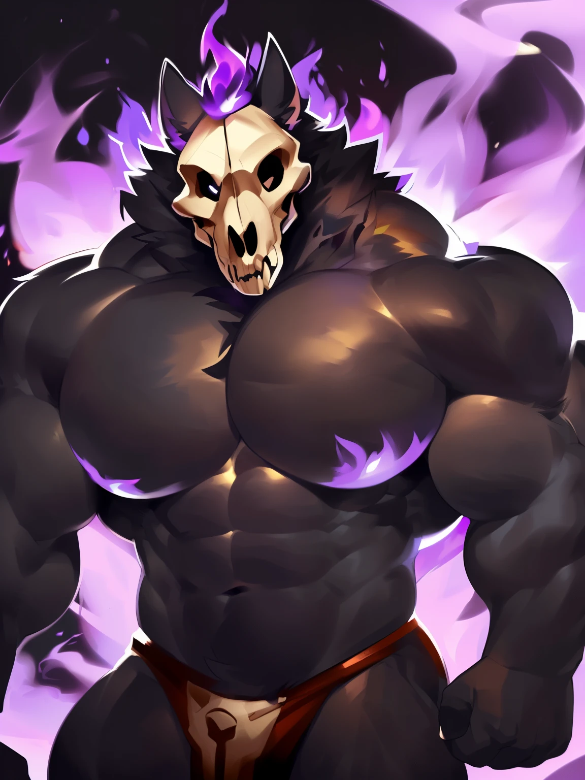 Solo, male (((skull dog, wolf, skull head, fire mane, purple fire, muscular, hyper muscles, huge muscles, broad shoulders, biceps, huge pecs, abs, black body, black fur))) standing, eye outline, by darkgem, by mystikfox61, by glitter trap boy
