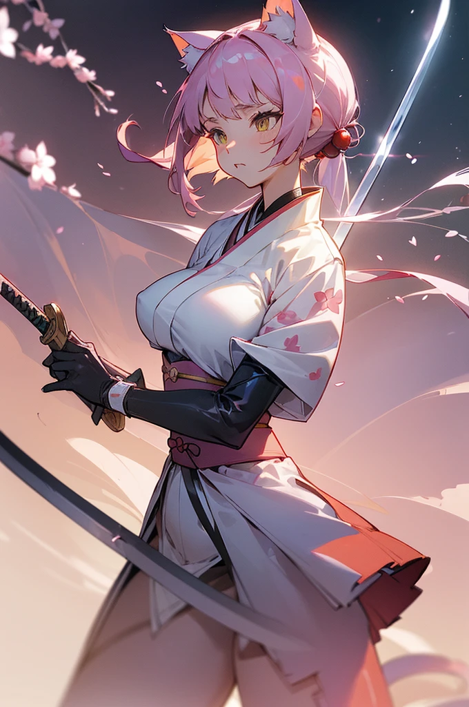 One female(((Cat Person)))((Ponytail))((It has a cat tail))((Large breasts))((Large breasts))(There is movement)kimono((Cherry blossom pattern))(Length)Right hand(Holding a sword)left hand(Holding the sword in the reverse hand)Wind Particle Effects Light Armor　Front cut　A powerful painting　It has depth