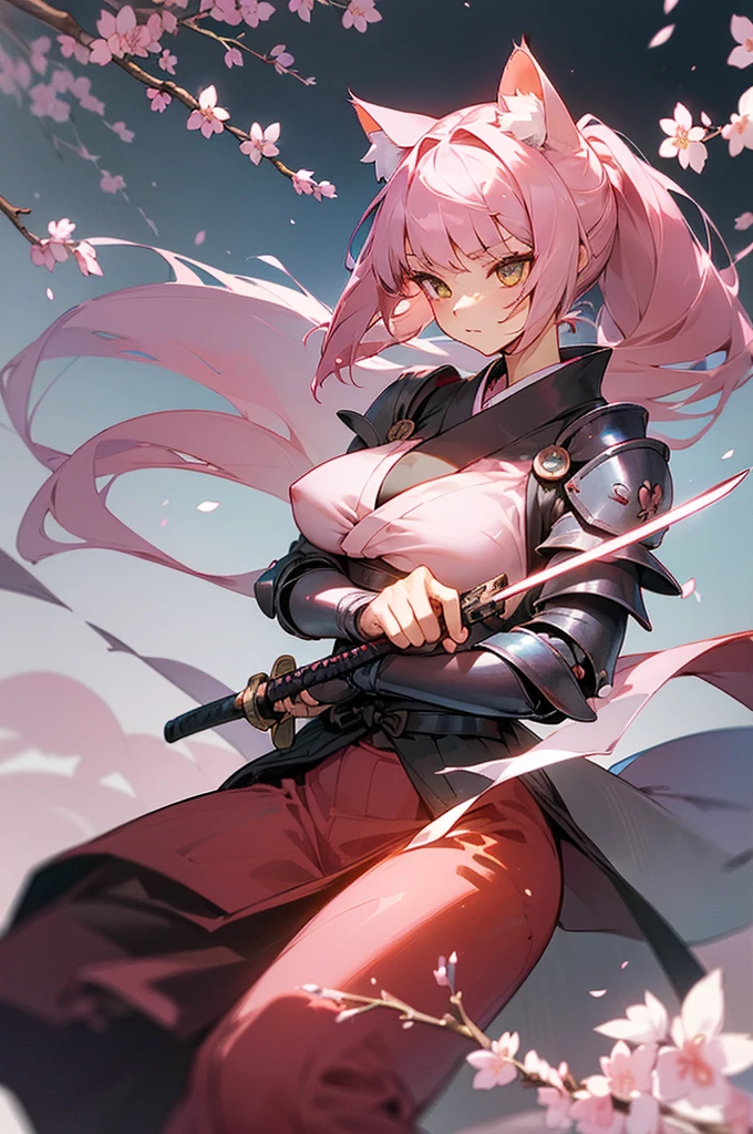 One female(((Cat Person)))((Ponytail))((It has a cat tail))((Large breasts))((Large breasts))(There is movement)kimono((Cherry blossom pattern))(Length)Right hand(Holding a sword)left hand(Holding the sword in the reverse hand)Wind Particle Effects Light Armor　Front cut　A powerful painting　It has depth
