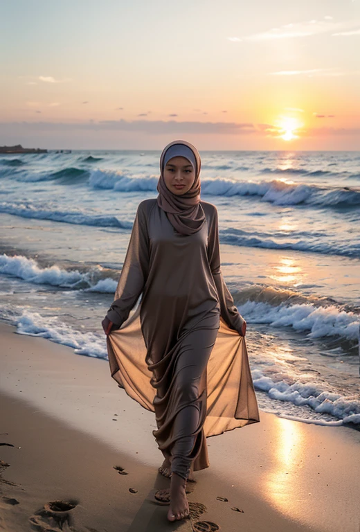 an indonesian hijab goddess walk on the beach, enjoy the moment and sunset, fluid movement, showing the wind blowing her hijab and clothes, real skin texture, realistic picture
