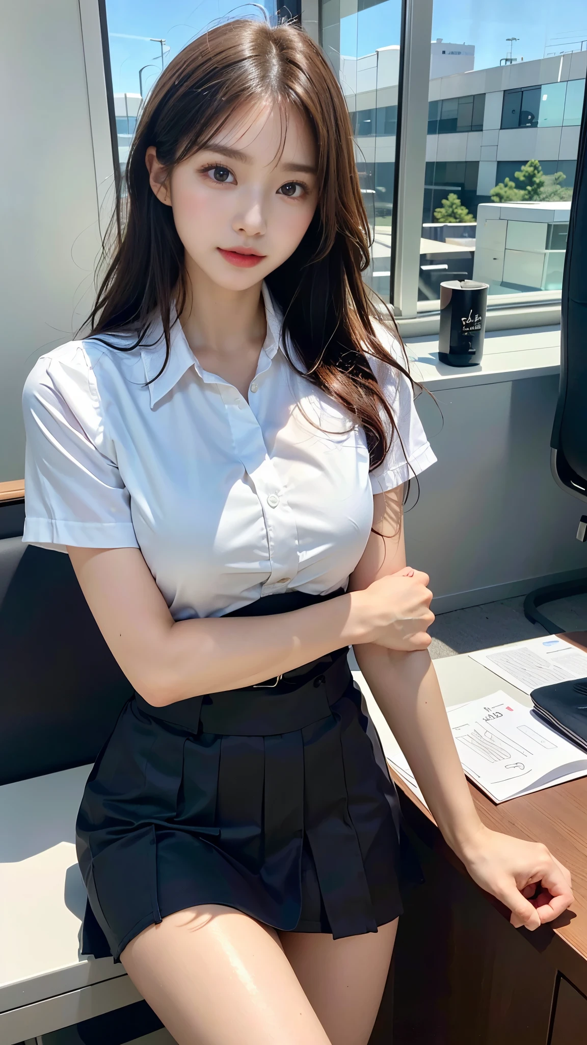 Climb up from the company reception desk, (desktop), (Beautiful girl receptionist:1.3), (Baby Face:1.3), Breast close-up, Slender body line, Small and slender figure, (Beautiful breasts:1.3), (Breast bags:1.3), (Neat and clean office lady uniform:1.5), (high waist:1.3), (Smooth and lustrous brown hair:1.2), (short hair), Silky straight hair, (Side bangs), (Highly detailed eyes and face), (Beautiful, well-groomed eyes:1.2), (high nose:1.2), Lip gloss, eye shadow, Cheeks, (Detailed hand:1.3), (Flexible arms), View the viewer, (Highest quality, Ultra high definition, masterpiece:1.2, highest quality), (Sensual look:1.5), (Professional Lighting:1.2), (Accurate Shadows:1.2), (Photorealistic:1.3), (Detailed skin texture), (Beautiful whitening skin)