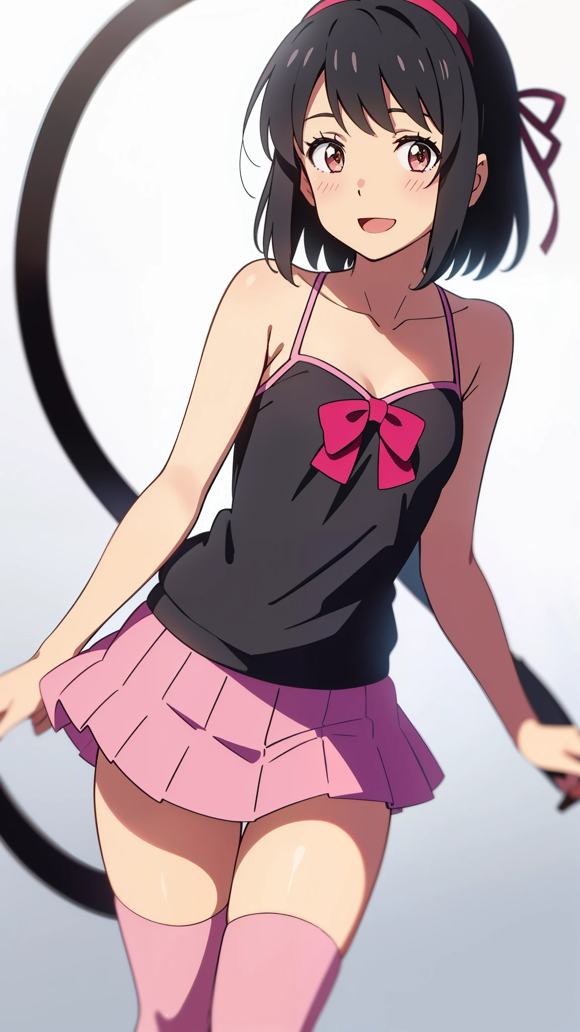 shinkai makoto, kimi no na wa., 1girl, bangs, black hair, blush, brown eyes, idol, idol clothes, collarbone, red headband, red ribbon, bow hair ornaments, pink bikini, pink skirt, short skirt, black thighhighs, short hair, smile, cute, solo, open mouth, Off-the-shoulders, white background, modelling