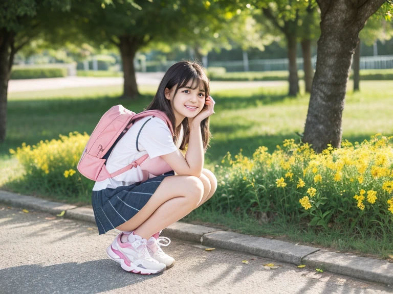 prompt: Very attractive with a backpack, ((Crouching and resting with a cute puppy)), Enjoy a lovely spring outing surrounded by beautiful yellow flowers and natural scenery. 1 girl,Cute face,smile,Mini skirt dress,Pink sneakers,The illustrations are in high resolution with 4K resolution., 12 year old girl with highly detailed facial features,Perfect hands,Perfect legs,I can see my thighs,I can see your ass