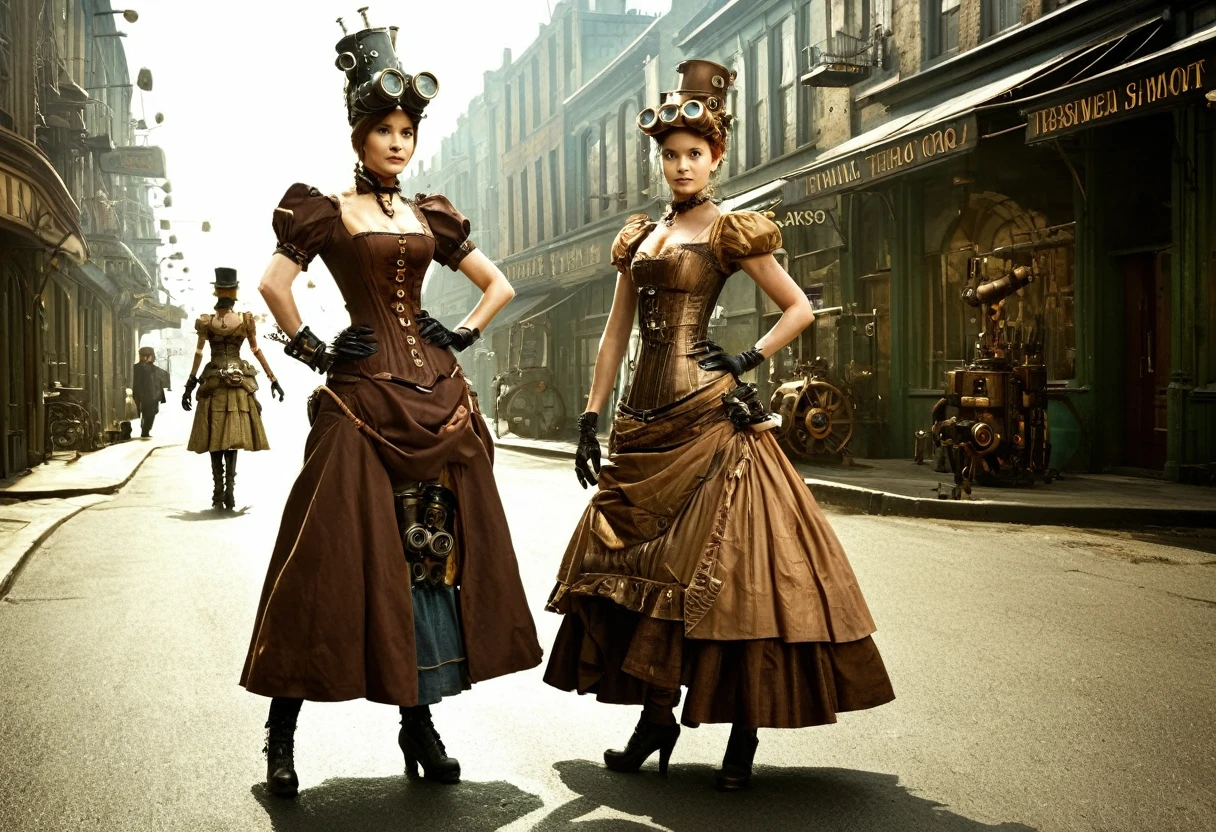 There are two robots standing in the street, Detailed steampunk dress, Cinematic photos, Two Women, Inspired by Jean Thabot, Three Women, terminal, Murloc, Photo taken in 2008, John McCaig, Humanized, 5 0 0 pixel model, publicity photo, 1. Photographs from the 19th century  