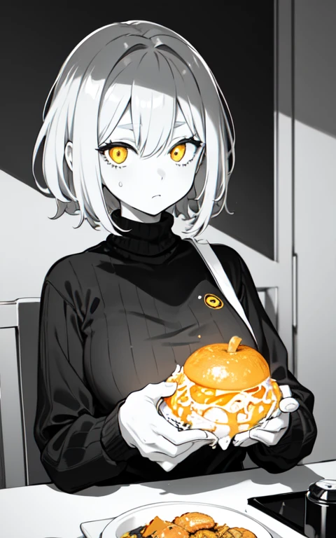 masterpiece, highest quality, (Monochrome), (Spot colors), One girl, yellow_eye, Gray Hair,  Food, Fooded sweater, hollow eye,  glowing eye,