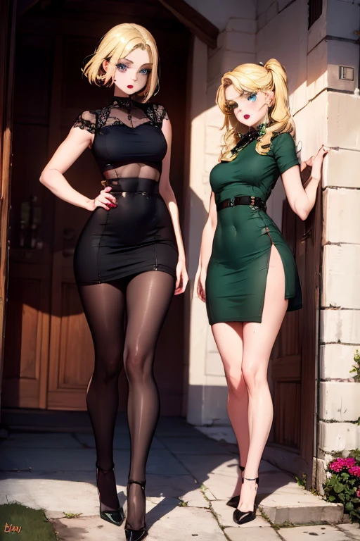 A tall, beautiful Lilly Krug, with blonde hair and blue eyes, a small nose and full, red lips and curled black eyelashes, {wearing a tight-waisted green dress and a pair of black pumps}.