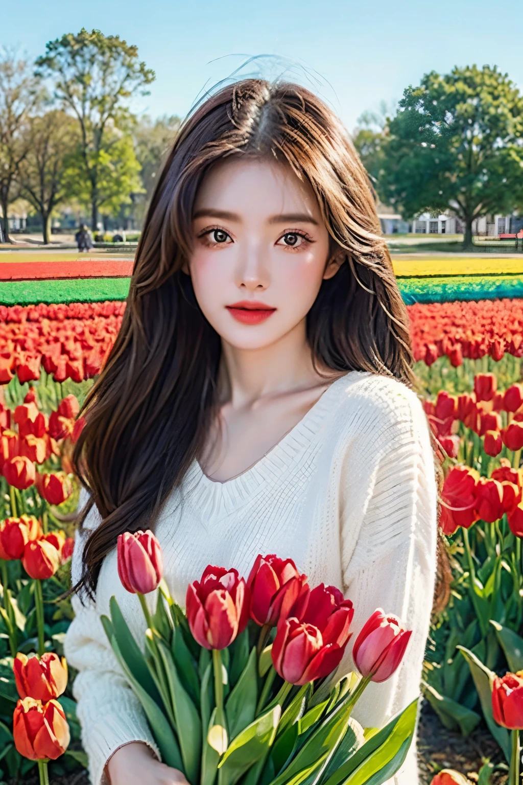 woman in tulip field,