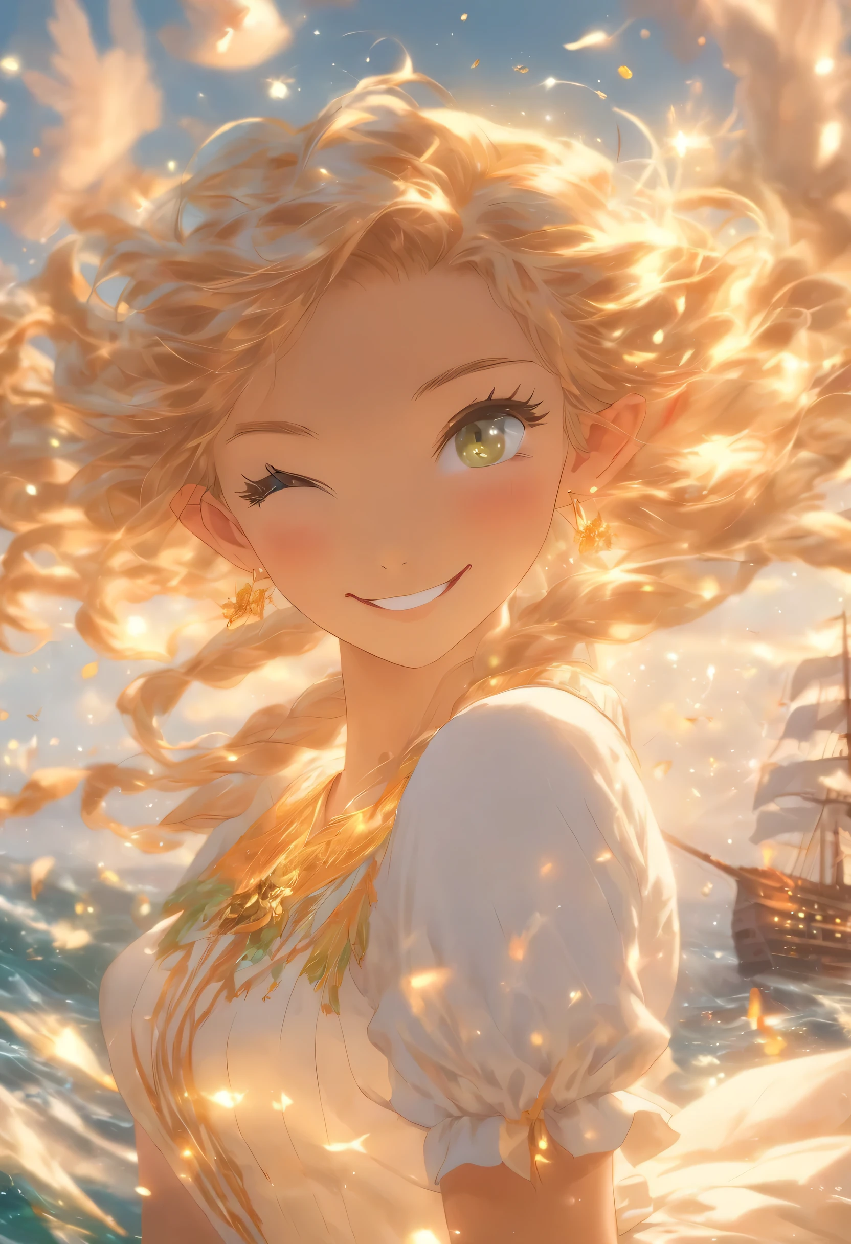 (((Masterpiece, highest quality, high definition, high detail)))), ((((Fantasy))), one, (Elf woman)))), (short skirt of white with gold embroidery), (blonde long straight hair), (glossy dark green eyes), (white ruffled blouse embroidered with gold), big, (((on the deck of a sailing ship at sea)), (vast sea))), (The firmament with clouds visible)), (( Seagulls flying in the sky)), smile, (breeze), particles of light flying