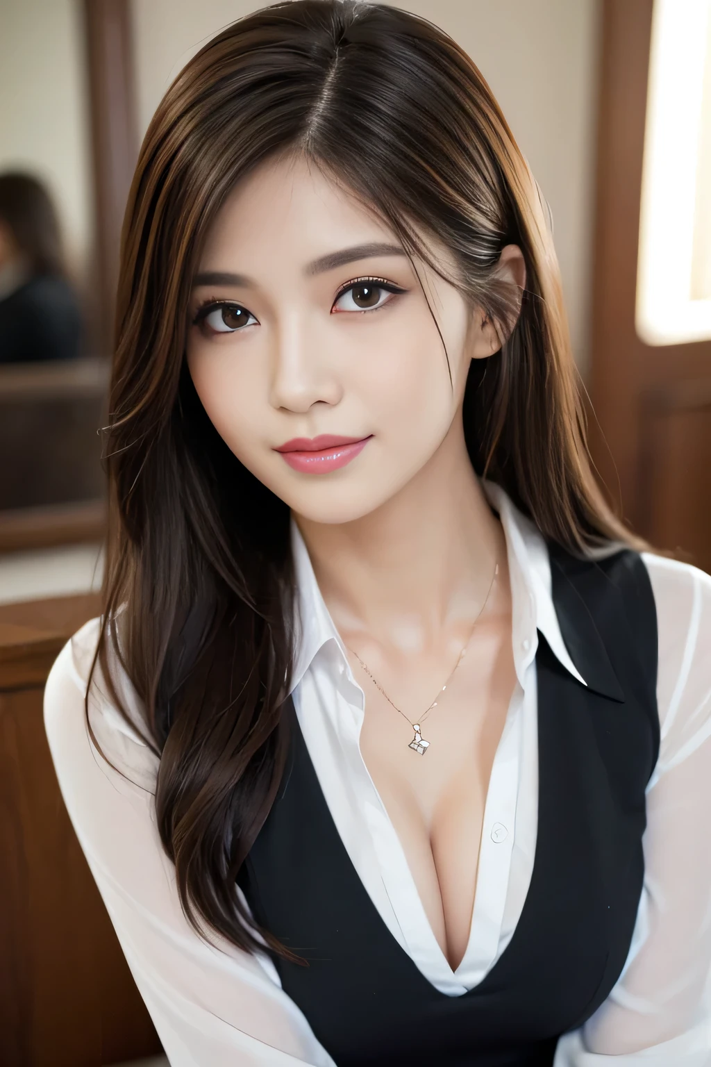 (RAW Photos), (Realistic), (masterpiece), (highest quality), High resolution, 8k, (Intricate details), (Volumetric Light), Portraiture, woman, Age 35, Medium Hair, Straight hair, Medium Chest, Accentuate your cleavage, Layered Hair, Brown Hair, Very beautiful eyes, Source order, Very thin eyebrows, Very fine skin, Very beautiful mouth, Very nice nose, Cute like an idol, smile, (Thick lips), (Looking at the audience), (black collared dress shirt), Above the knee shot,
