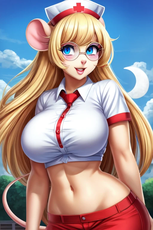 Busty Blonde high school nurse mouse girl, half-moon glasses, ((best quality)), ((masterpiece)), (detailed), perfect face, blue eyes, big breasts, midriff