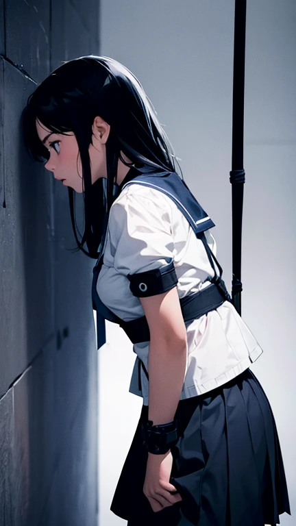 ((2 girls)), bound, bondage, bound together, low lighting, bondage, schoolgirls, slaves, frightened, basement, cold light, high contrast, blue light