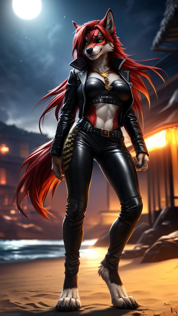 uploaded on e621, (by Wildering, by Koul, by fluff-kevlar, by aycee), solo, female wolf, wolf ears, neck tuft, hip tuft, leg tuft, wolf tail, ((black sclera, green eyes)), (Tight leather pants, gold snakeskin jacket, eyepatch with a skull on it), ((full-body portrait)), (masterpiece), (best quality), (anthro furry:1.3, snout:1.2, anthro:1.3, furry:1.2, solo male:1.2), (thick figure, curvy figure), (battle pose), (((black spirals on body, red fur))) BREAK (((digitigrade feet, wild long red hair))), (beach at night background), depth of field, ambient light on the body, (intricate:0.7), (high detail:1.3), (unreal engine:1.3), (sharp focus:1.15), (masterpiece, best quality, 4k, 2k, shaded, absurd res), insaine smile, holding a knife,