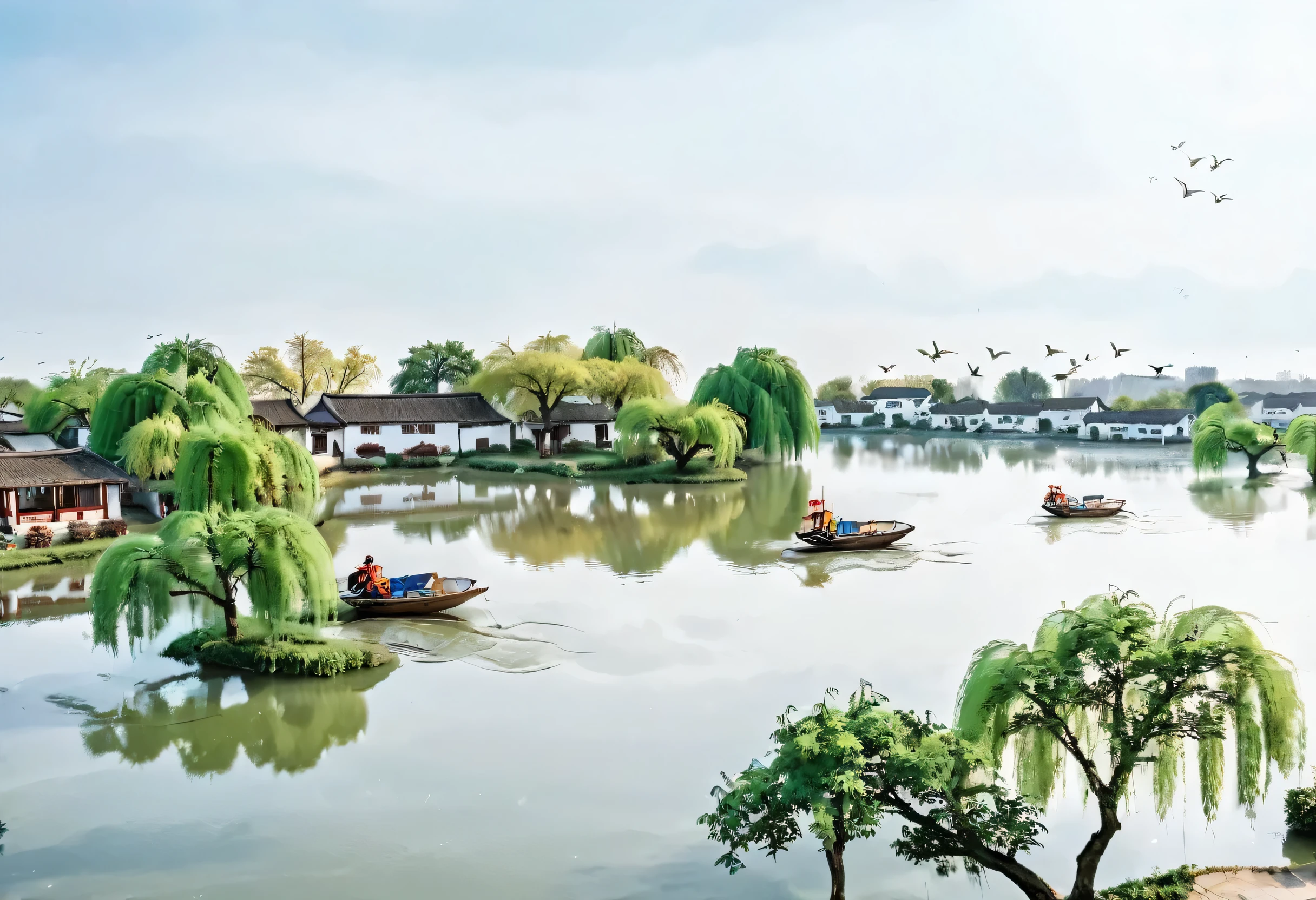 Landscape Photography,Jiangnan Water Town, China,Weeping willows on both sides,Wupeng boat sailing on the water,There were birds flying by,Spring is shining,Canon Camera,raw,8k,National Geographic,