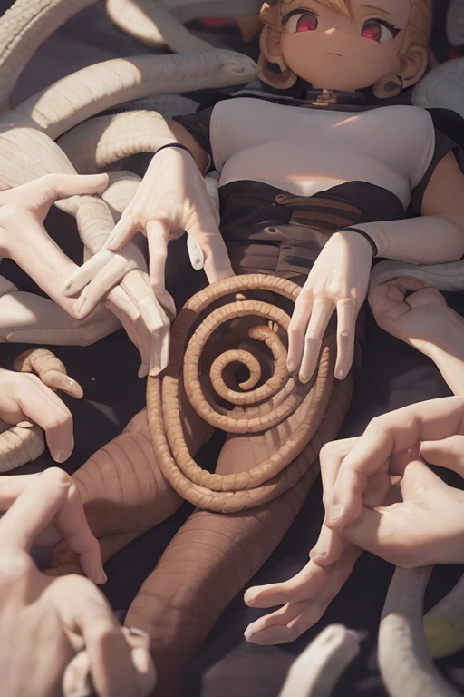 10 figuras humanas sosteniendo se de una sola mano enrollados unos con otros en forma de espiral