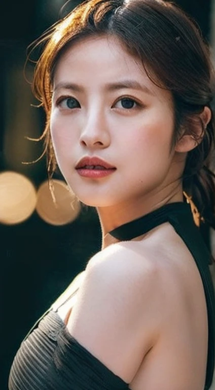 ((Realistic lighting, highest quality, 8k, masterpiece: 1.3)), Clear focus: 1.2, One girl, Perfect body beauty: 1.4, Slim Abs: 1.1, ((Dark brown hair)), (Bandeau dress: 1.4), (Outdoor, night: 1.1), street, Very beautiful face, Beautiful Eyes, double eyelid, Black Stockings