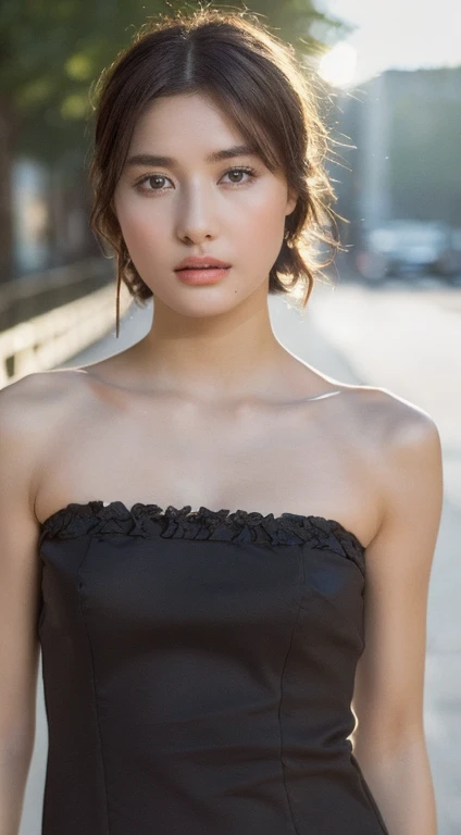 ((Realistic lighting, highest quality, 8k, masterpiece: 1.3)), Clear focus: 1.2, One girl, Perfect body beauty: 1.4, Slim Abs: 1.1, ((Dark brown hair)), (Bandeau dress: 1.4), (Outdoor, night: 1.1), street, Very beautiful face, Beautiful Eyes, double eyelid, Black Stockings