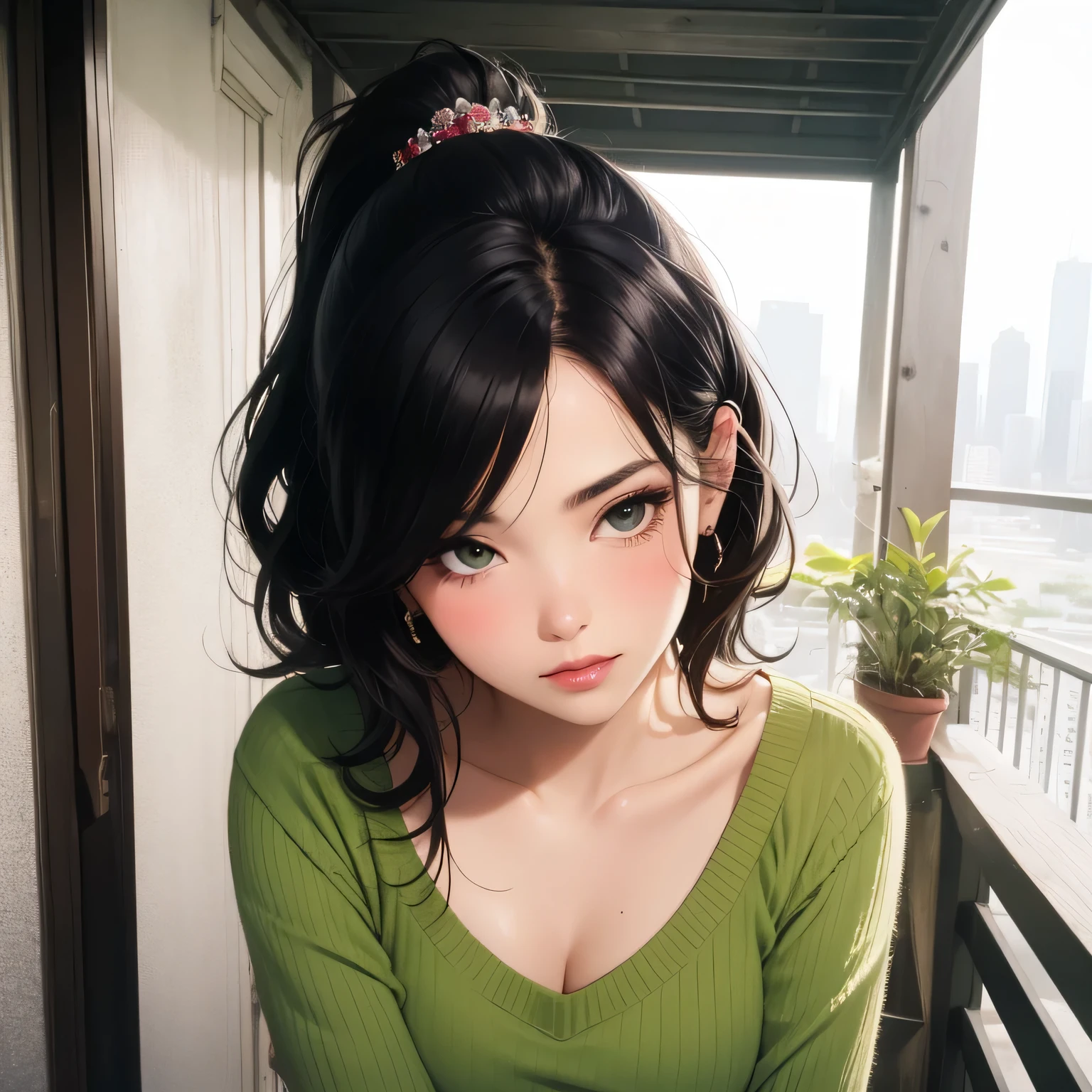 (best quality, highres:1.2), ultra-detailed, realistic:1.37, portraits, seductive gaze,detailed beautiful eyes,detailed long eyelashes,detailed lips,parted lips,intense blush,soft smile,soft smile and gaze,sexy woman, ponytail hairstyle, black hair,luscious black hair,cute ponytail,green sweater,cream cargo pants, medium chest, perfect body