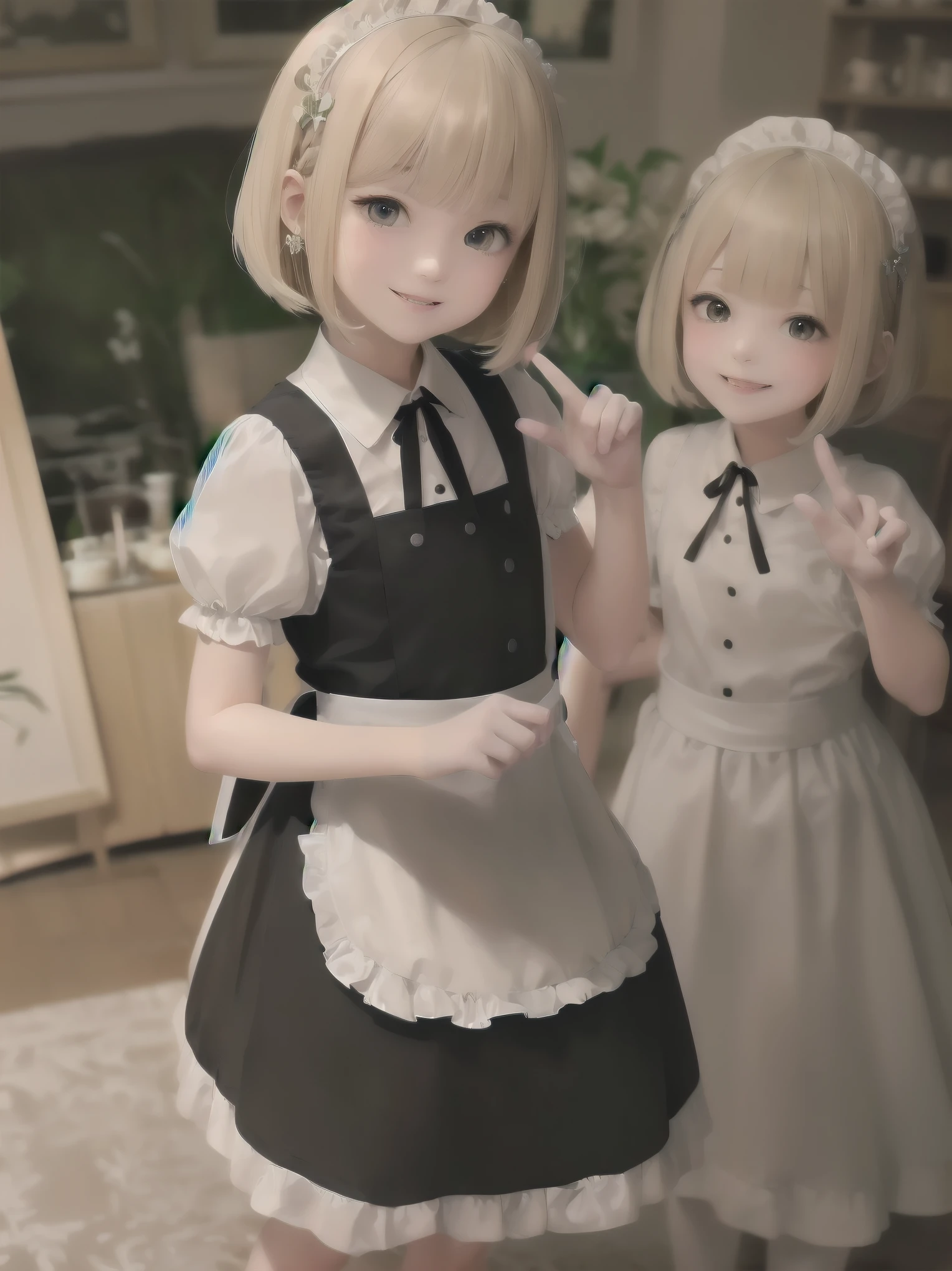 Masterpiece, top quality, super detailed, 16k, Kawaii, pastel colours, soft light, watercolour, small super cute girl, bob cut braided ribbon, maid, simple maid outfit with long skirt type, cute illustration, classical type cafe, smiling , acting mocking gesture to viewer