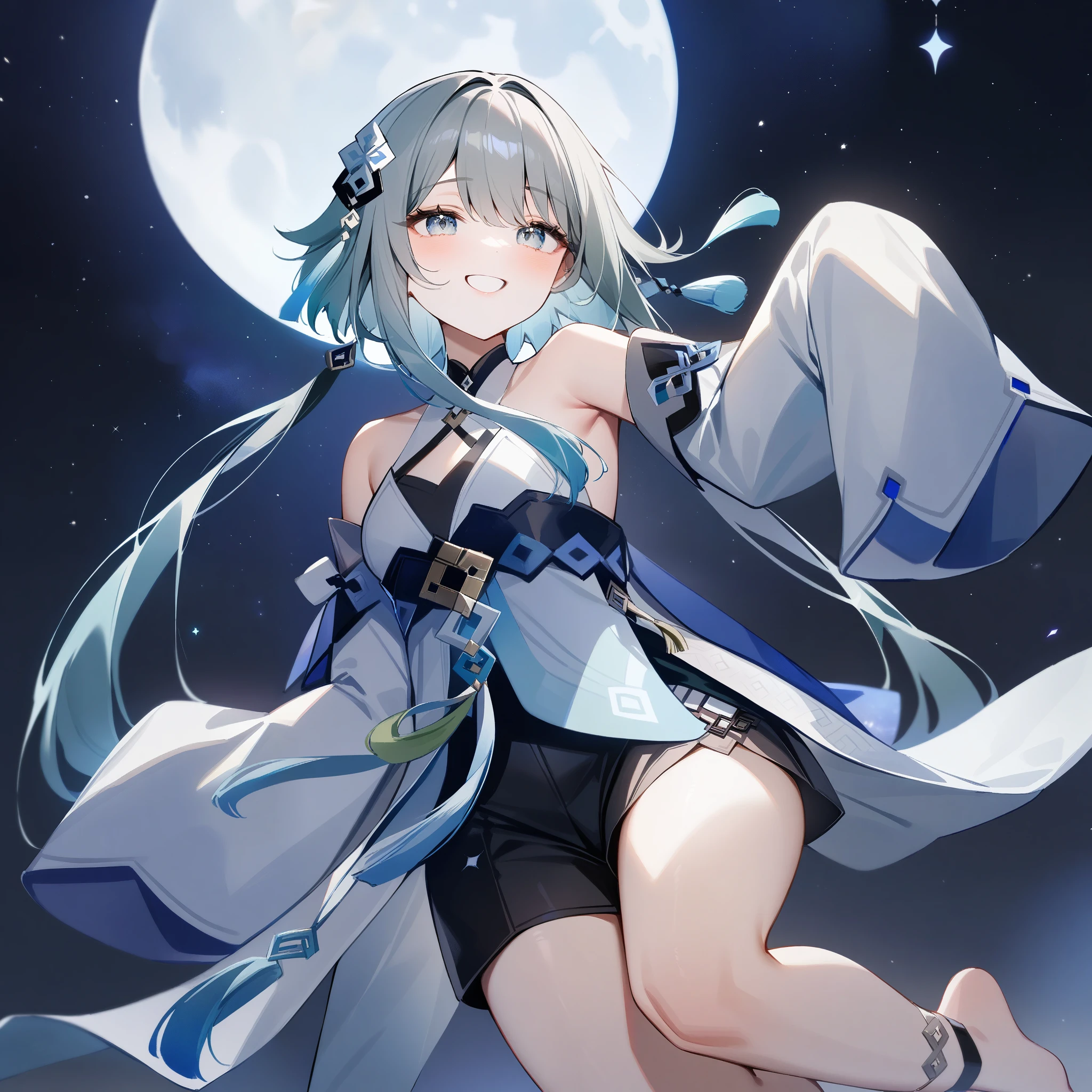 1girl,guizhong_\(genshin_impact\),short_hair_with_long_locks,grey gradient hair,sleeves_past_fingers,short_dress,happy,starry sky,moonlight,glossy lips,light bluegreen eyes,watercolor,anklet,halter_top,white clothes,black shorts,highly detailed,digital painting,bare_shoulders,barefoot,cool night tones, magical night scene,starry_sky_print,detached_sleeves,masterpiece,best quality,newest,very aesthetic,dsmile