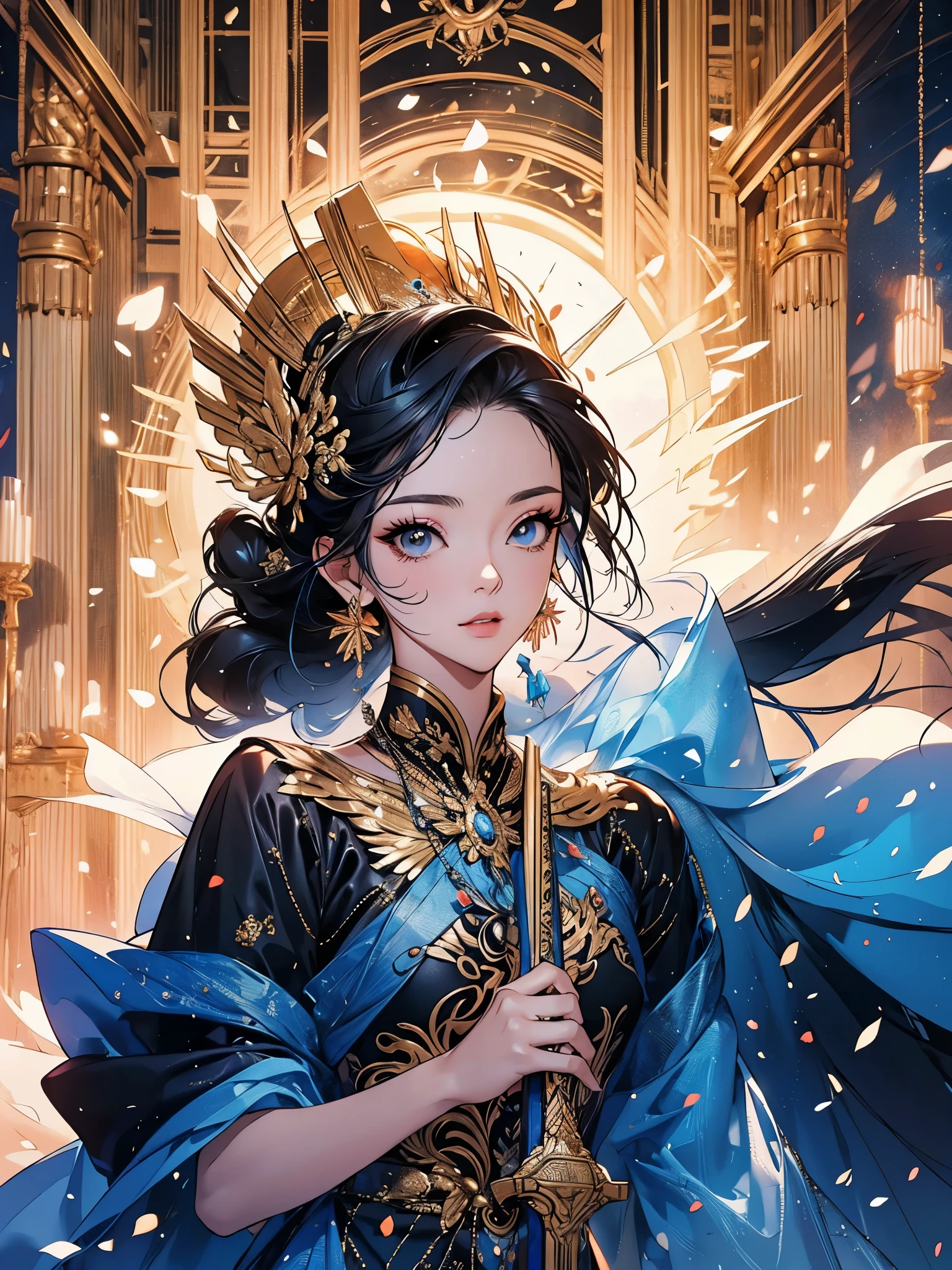 mulher em um vestido dourado parada em um corredor, estilo jacky tsai, soldados humanos, pistolas, inspirado em Tang Sin Yun Sandara, shot in anamorphic lenses, sindicato(2012), beauty pageant rendering, biblioteca de babel, loira ltda, elementos de prata dourada, segurando uma arma --ar 16:9