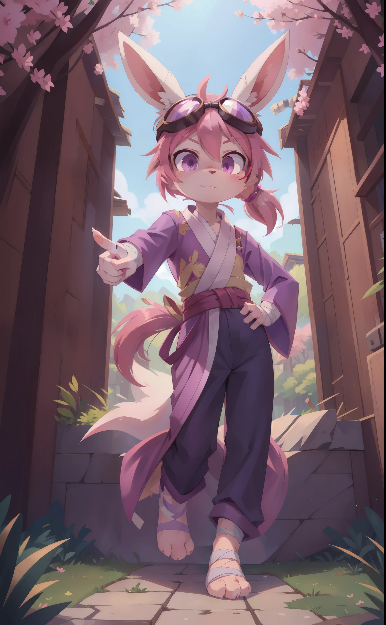 Furry shota, young, rabbit, long rabbit ears, pink hair, long spiky ponytail, spiky hair, detailed body fur, Pink eyes, ((purple kimono, hakama pants, goggles, bandages)), looking at you, white body fur, detailed face, big eyebrows, detailed eyes, detailed body, sakura forest, clear sky, detailed hands, flat body, glistering body, shiny body, skinny, spectacular effects, sassy face, :3, perfect lighting, perfect shadows, perfect eyes, perfect hair, perfect face, gorgeous body, full body, feets with three toes, 3 toes, action: pointing at you with hand on hip,