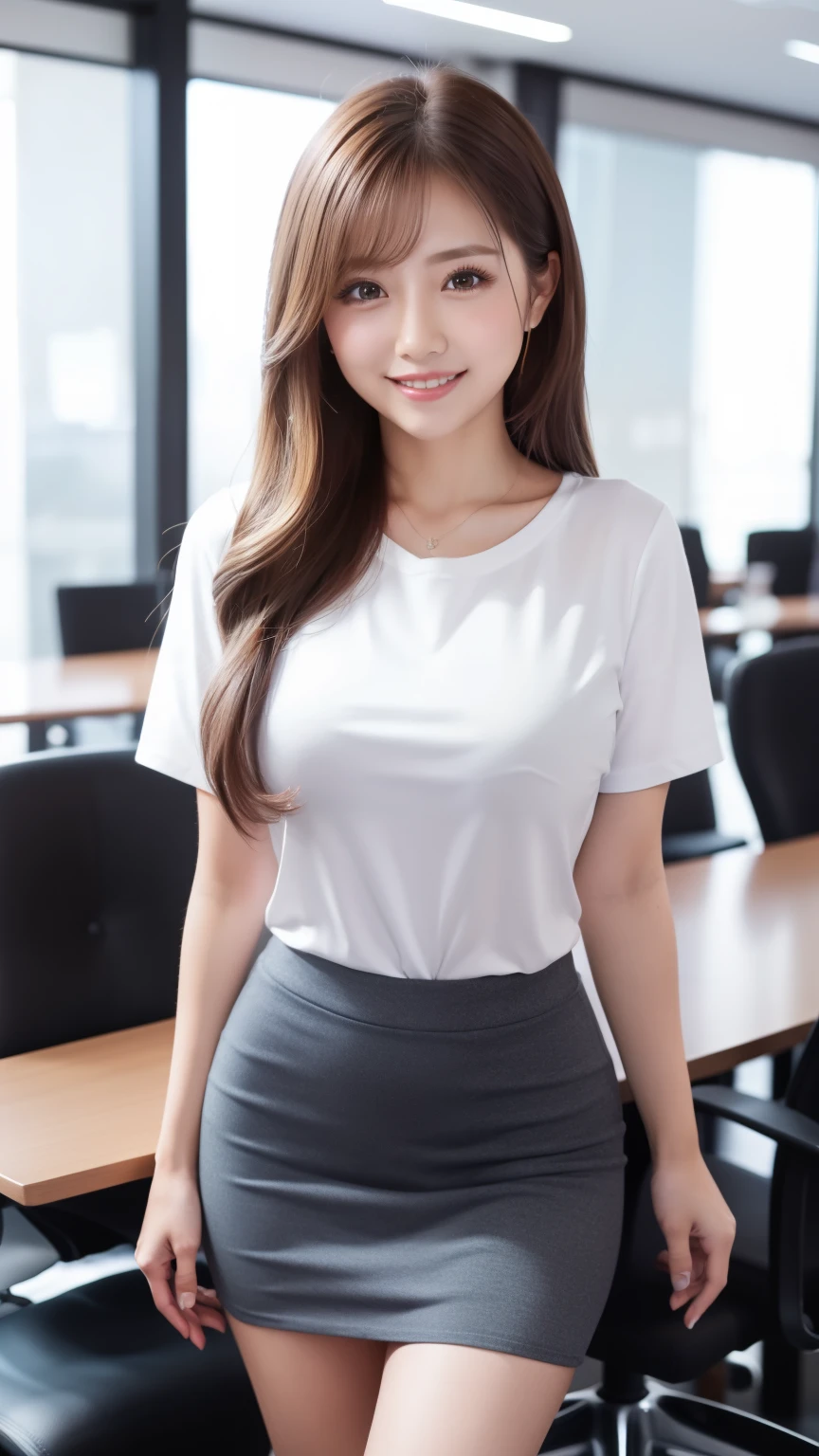 ((masterpiece))、((highest quality))、photograph、reality、high resolution、Advanced Depth of Field、Realistic lighting、深いvalley、Full Body Shot、Full Body、Standing in front of the desk、Standing figure photographed from a distance、30 years old、Open chest shirt、valley、Delicate facial features、Long Hair、Realistic background and accessories、looking at the camera、big and Soft Breasts、Open neck blouse、Sexy lips、work、Large Conference Room、Tight T-shirt、Big smile、Wide-angle、mini skirt、Thighs、深いvalley、Soft Breasts、