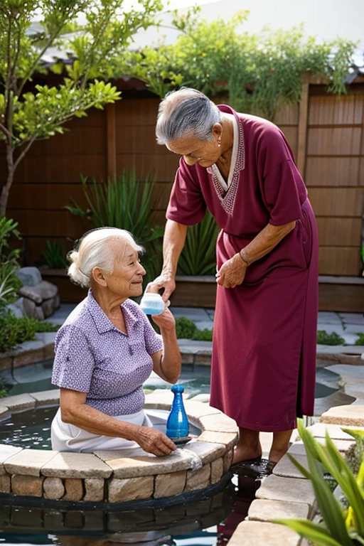 Elderly couple collecting hot spring water in their garden for Mother's Day