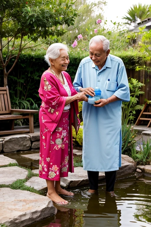 Elderly couple collecting hot spring water in their garden for Mother's Day